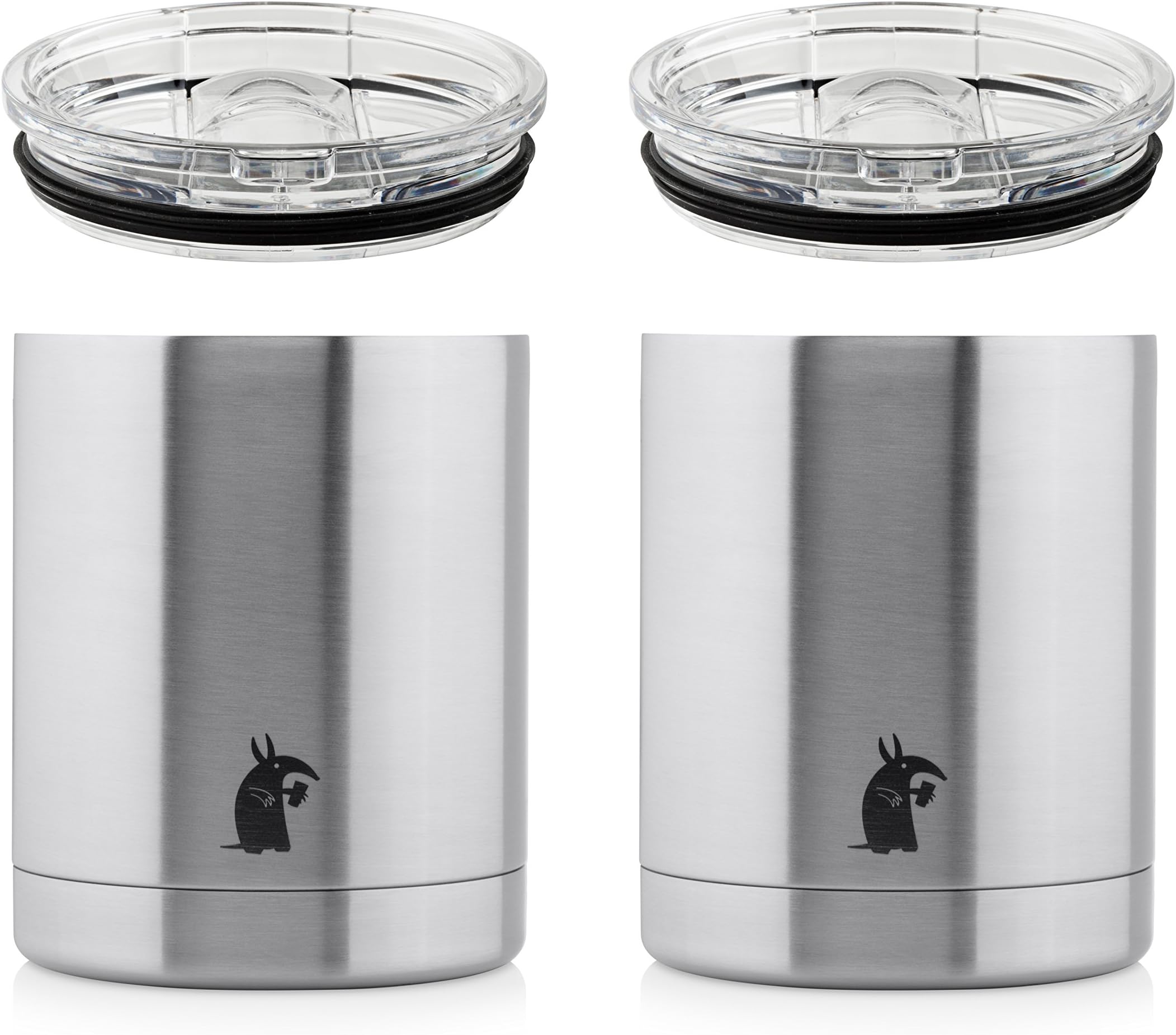 Qudasar Aeiniwer Thirsty Aardvark 10 oz Lowball Tumbler for Whiskey, Coffee and Cocktails, Stainless Steel Double Wall Vacuum Insulated Cup with Lid, 2 Pack (Silver)