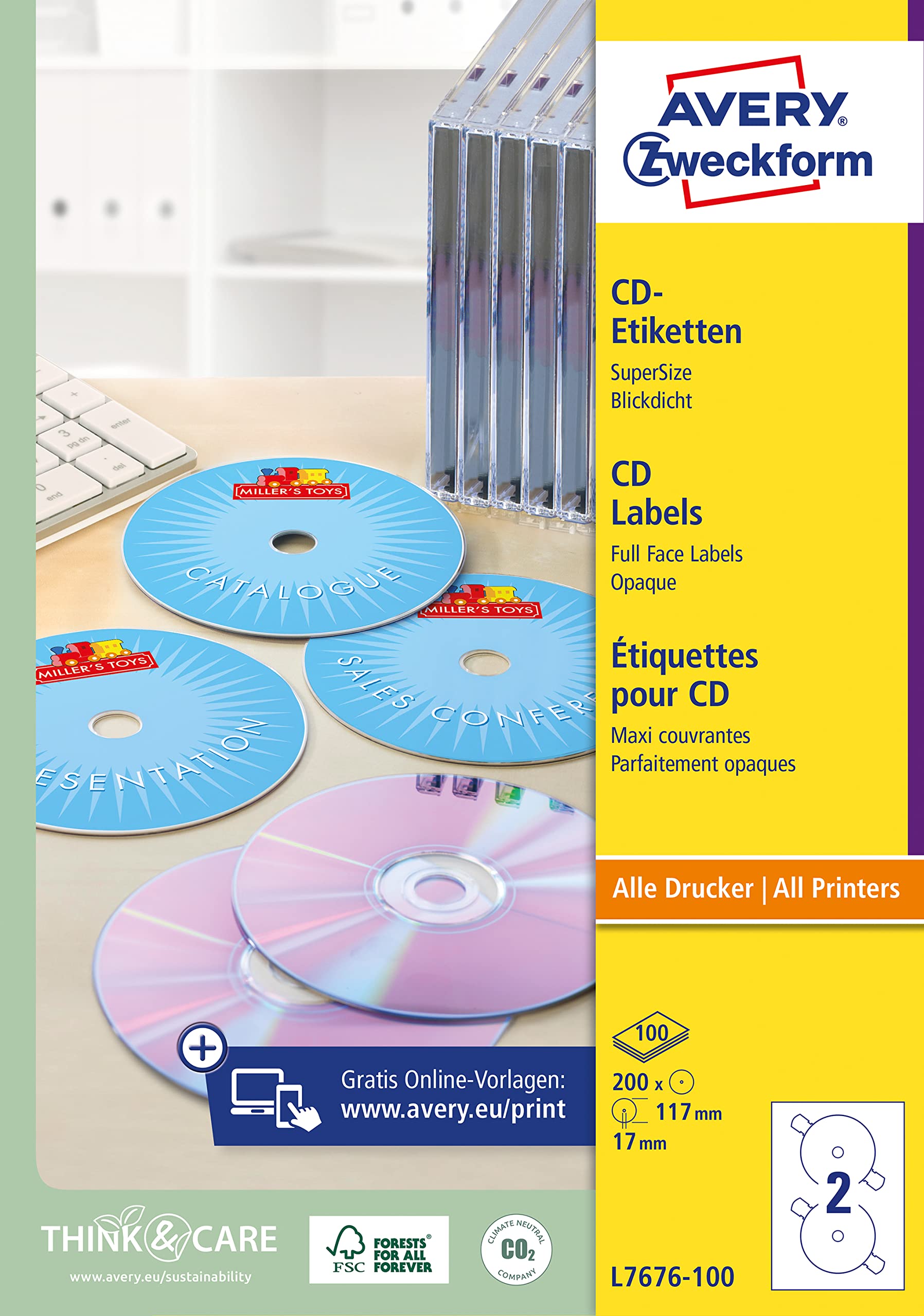 Avery Zweckform L7676-100 Paquet de 100 feuilles d'étiquettes à CD SuperSize opaques Ø 117mm (Import Allemagne)