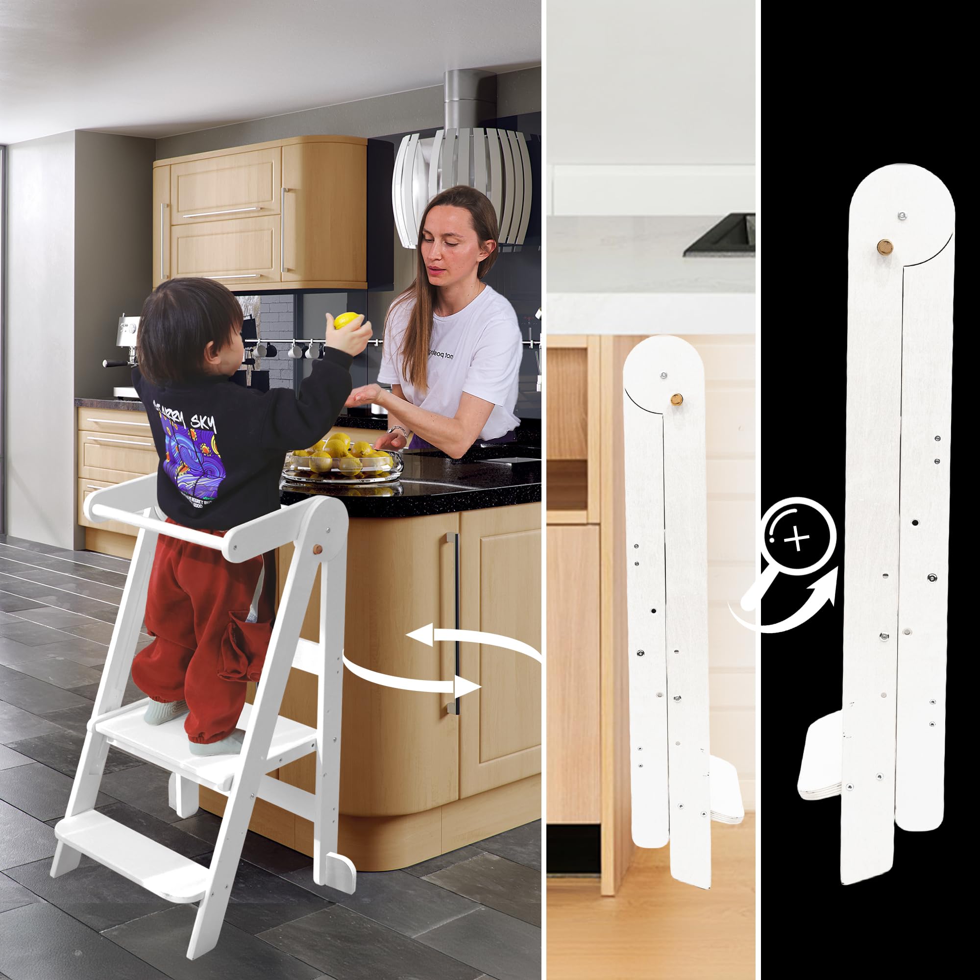 Foldable Toddler Tower Preassembled Kitchen Stool, Folding Tower for Learning with 3 Adjustable Heights Montessori Toddler Standing Tower Collapsible Step Stool for Kids 1-6 Years, White