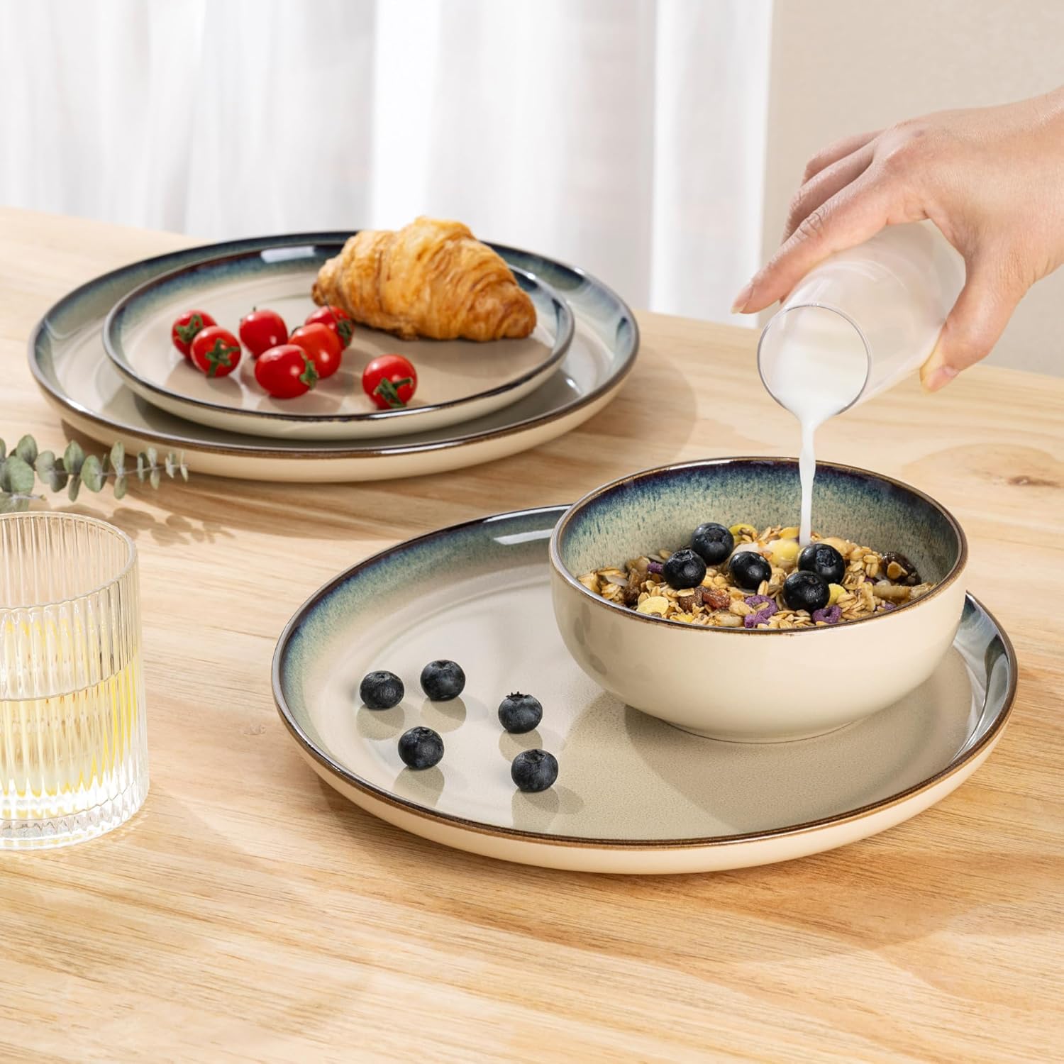 GBHOME Ceramic Dinnerware Sets for 4, 12 Pieces Stoneware Plates and Bowls Sets, Scratch Resistant Dishes, Dishwasher & Microwave Safe, Reactive Glaze-Gravel - Image 4