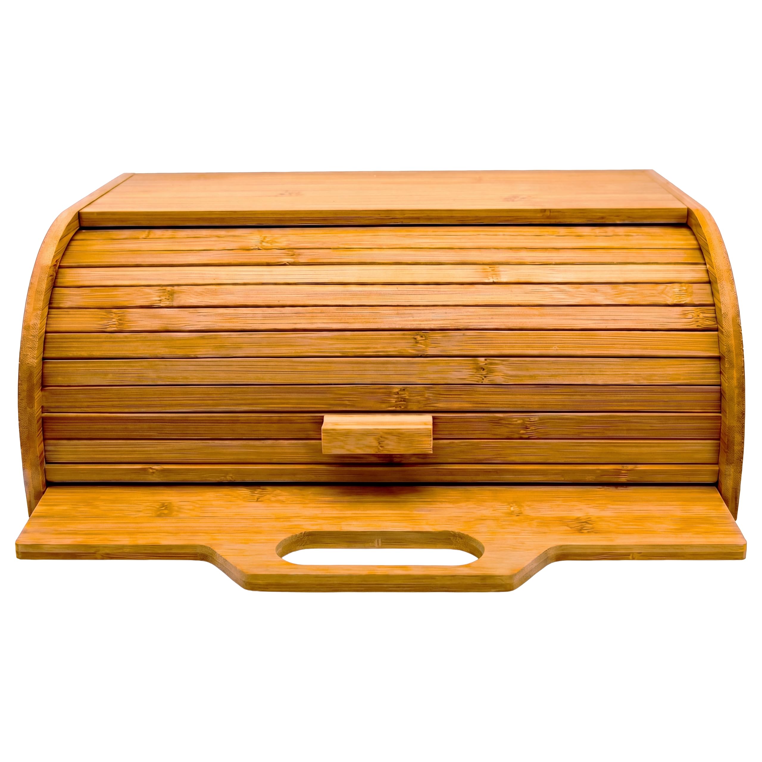 Maison Des Cadeaux Roll Top Bamboo Bread Bin Box with Built-in Pull-Out Chopping Board Countertop Storage