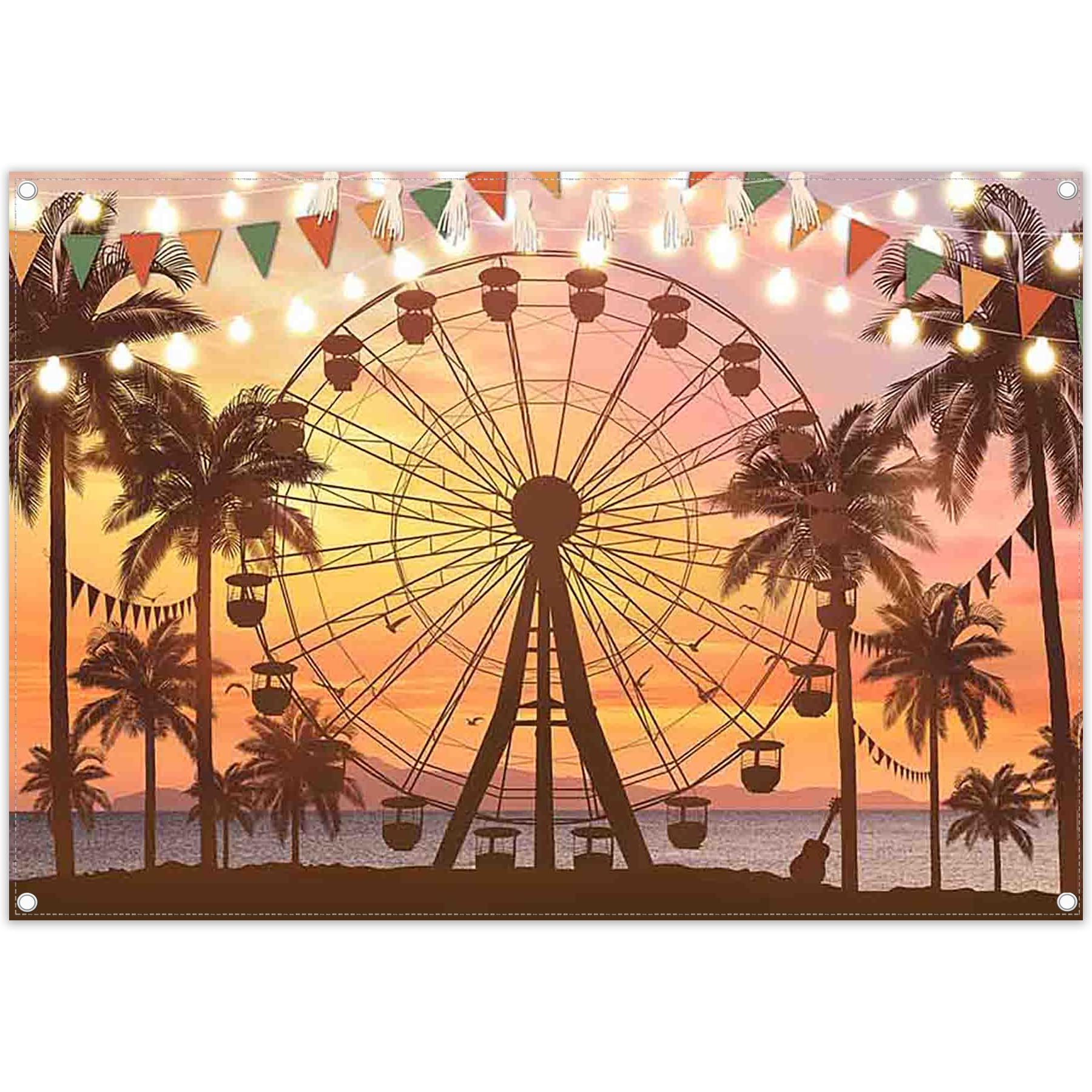 ZTHMOE Fabric 7x5ft Summer Seaside Ferris Wheel Photography Backdrop Sunset Palm Tree Beach Hawaiian Background Indoor Festival Party Decoration