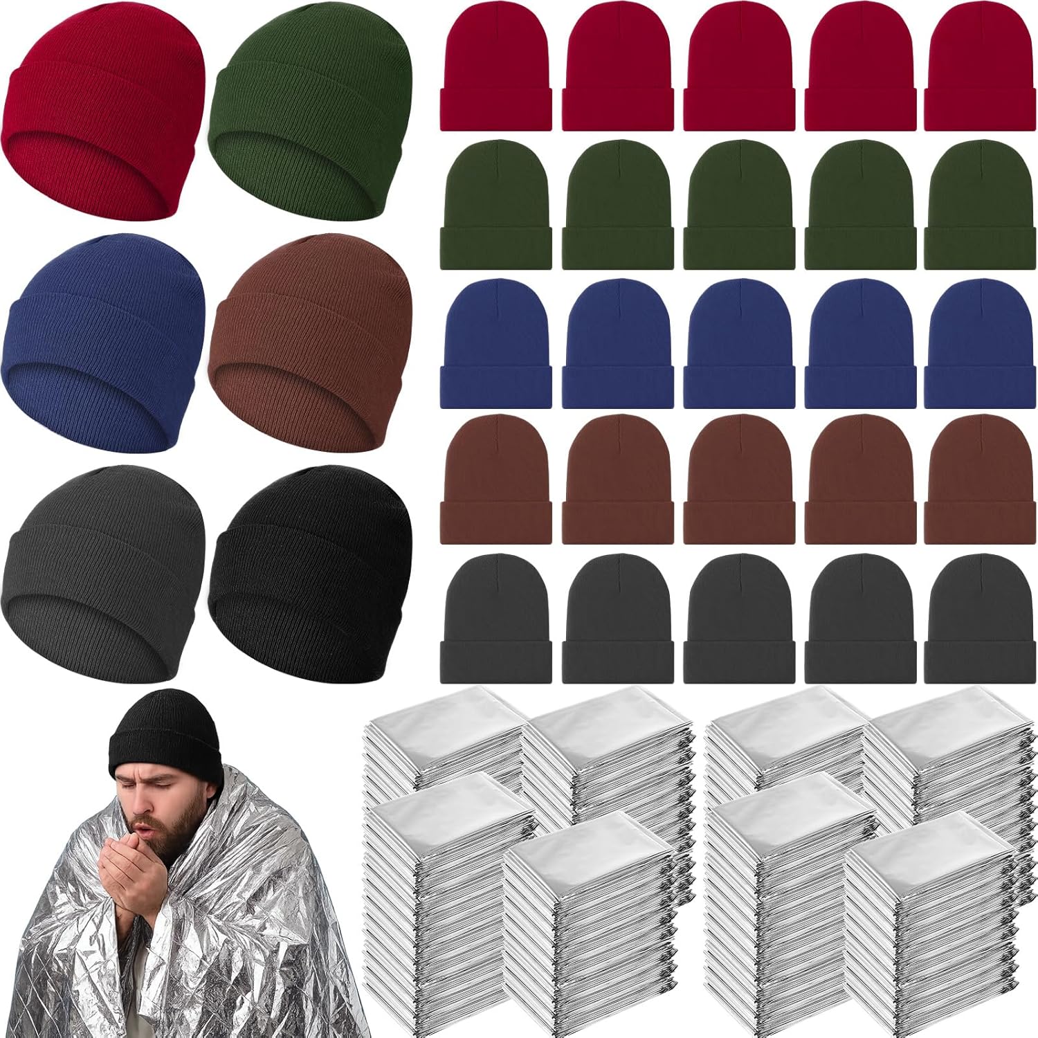 120 Pcs/60 Sets Homeless Care Package Supplies Bulk Winter Beanie Hat Emergency Thermal Blankets for Charity Donation