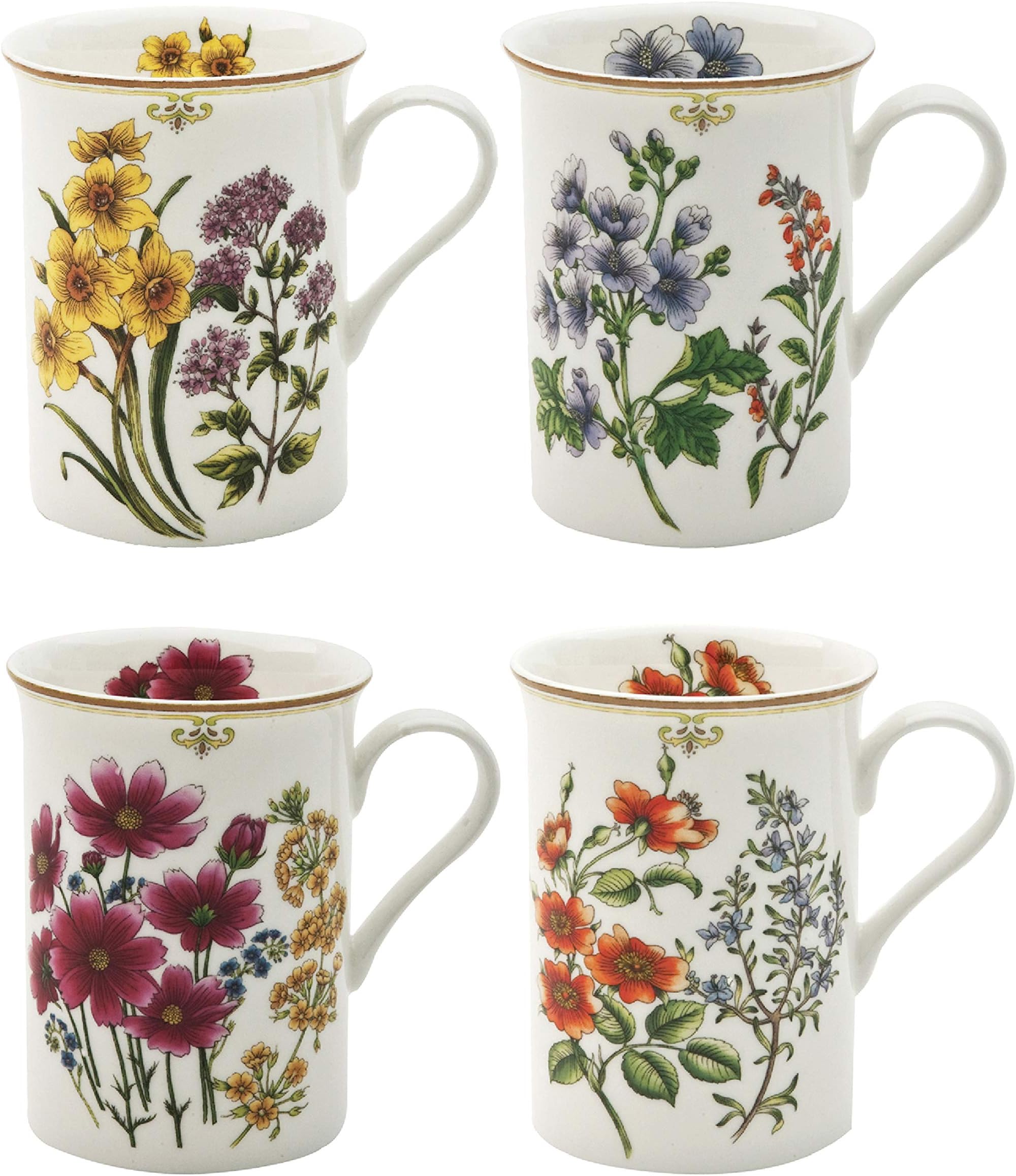 Bone China Coffee Tea Mugs 9-Ounce, Assorted Set of 4 (4 Assorted Botanicals)