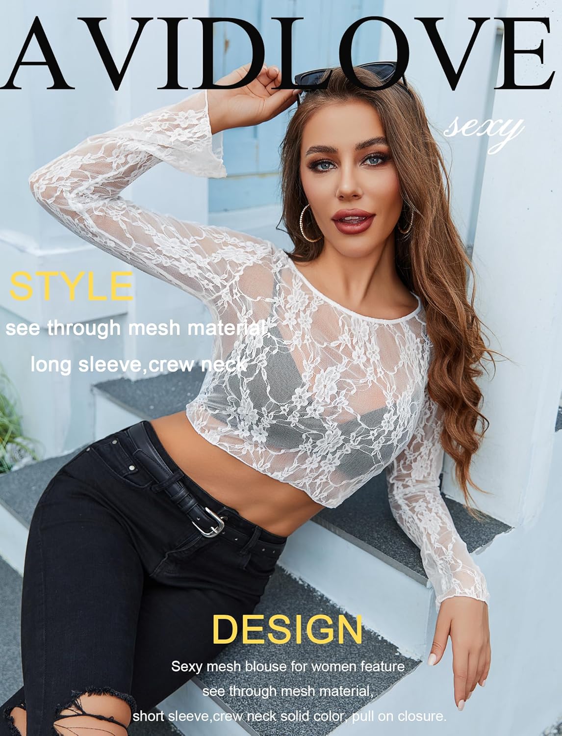 Avidlove Mesh Top Women Long Sleeve Crew Neck Sheer Blouse See Through Floral Lace Tops - Image 8