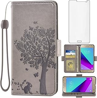 Asuwish Compatible with Samsung Galaxy Grand Prime J2 Prime Wallet Case and Tempered Glass Screen Protector Flip Wrist Strap Card Holder Stand Cell Phone Cover for Glaxay 2 2J Plus Women Men Gray