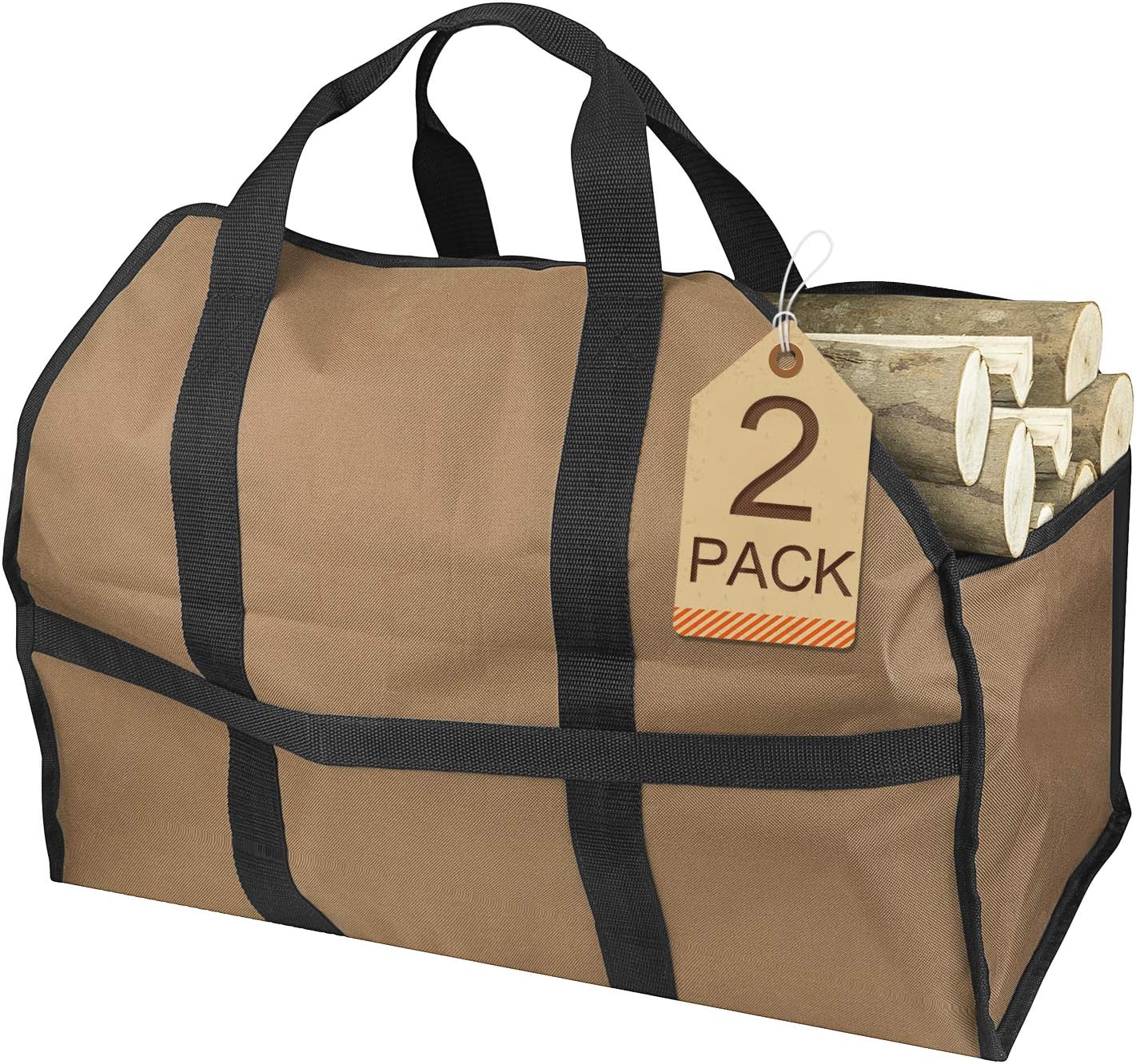 PetutuPetutu Firewood Carrier 2 Pack, Large Canvas Log Carriers Tote, Fireplace Wood Holder Accessories(Brown)
