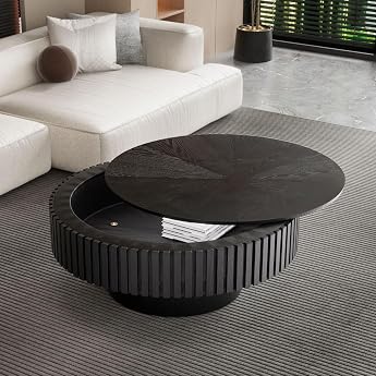 Drum-Shaped Coffee Table Round Drum Coffee Table with Storage Space Modern Round Wooden Coffee Table Round Ribbed Coffee Tables for the Living Room Black