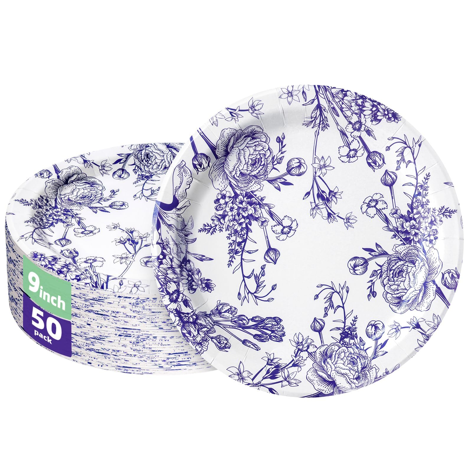 Justforjoyful Pappteller Floral Blau – 48 Stück, 17,8 Cm, Vintage-Look Für Teeparty & Geburtstag