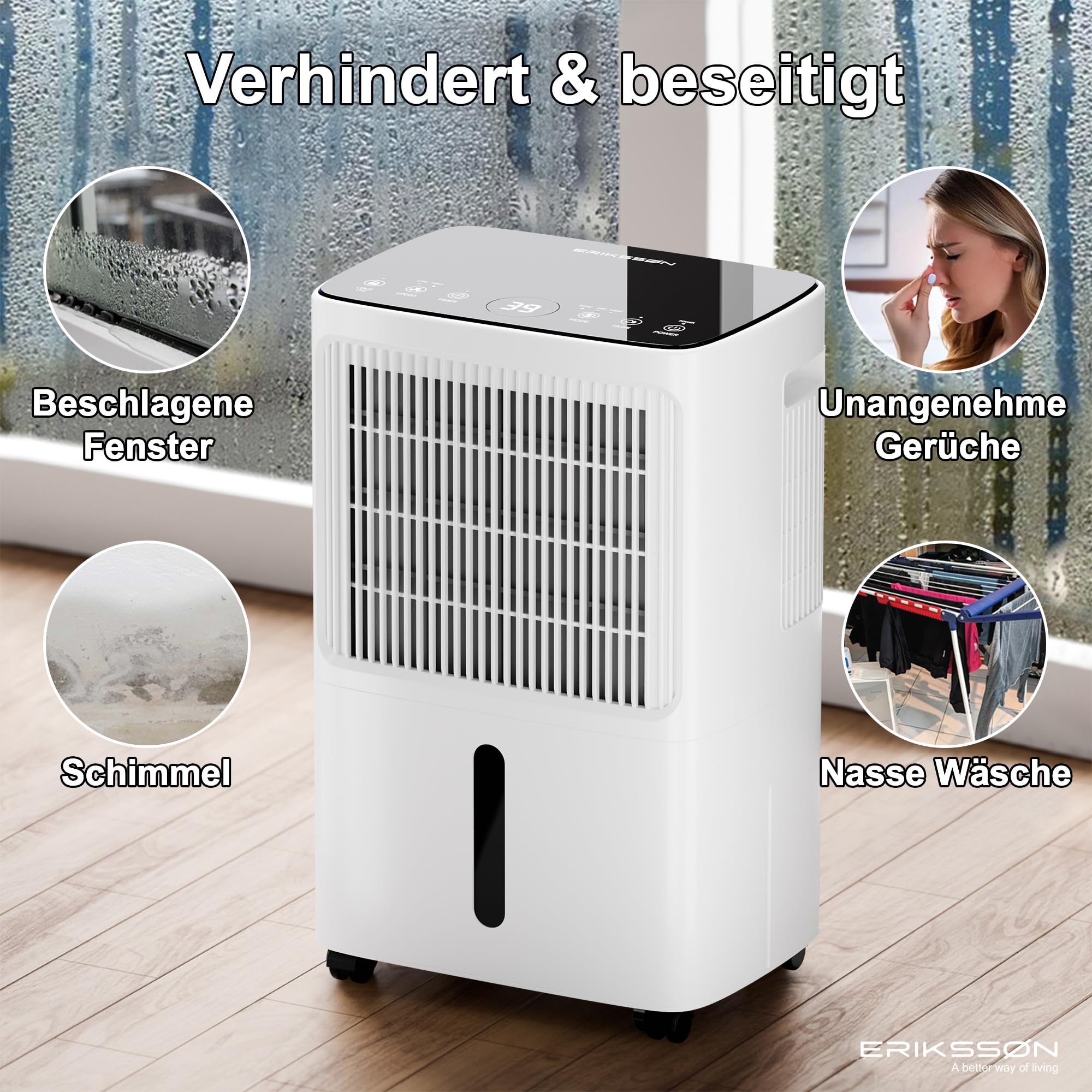Luftentfeuchter mit LED Display, Timer & Kindersicherung | entfernt 16L Feuchtigkeit je 24h | für Raumgröße ca. 70m² (140m³) | energiesparender Raumentfeuchter mit Feuchtigkeitssensor