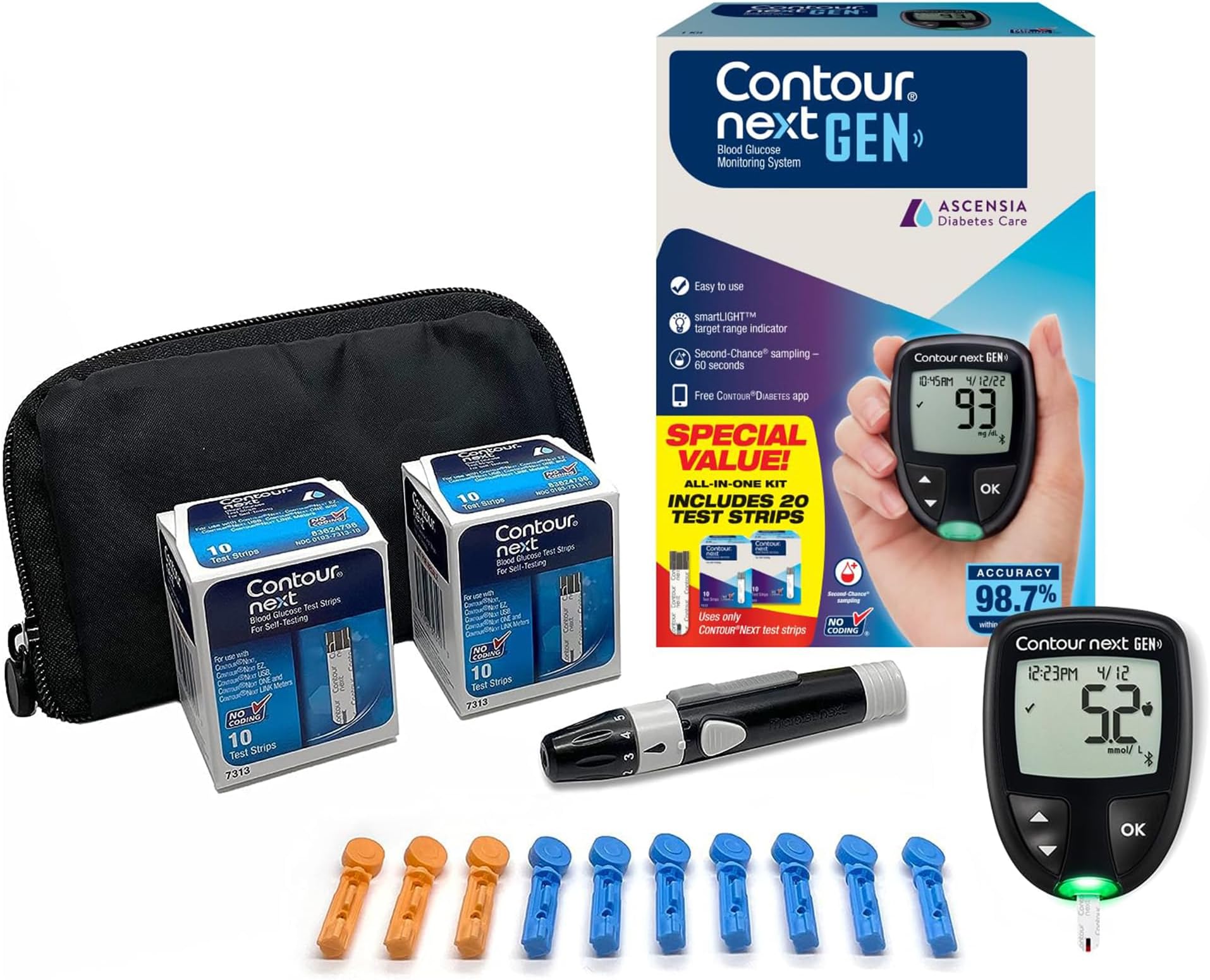 Ascensia CONTOUR NEXT GEN Blood Glucose Monitor All-In-One Kit with 20 Test Strips, Accurate Blood Sugar Monitor, Easy-to-Use Glucose Meter, Portable and Reliable Diabetes Testing Kit