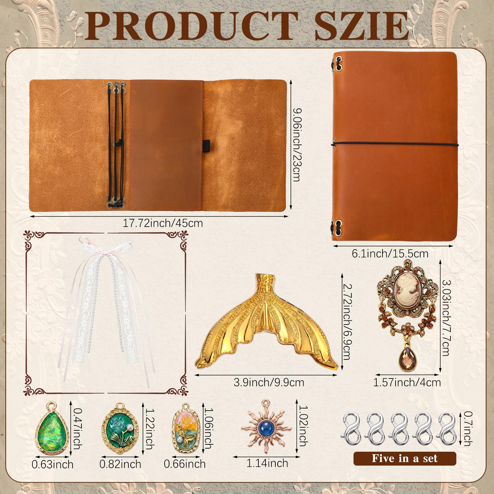 MotiMind Kit de couverture de journal de voyage en cuir A5, 13 pièces, rechargeable, avec clip sirène, breloques décoratives, carnet de notes personnalisé, coffret cadeau pour filles, femmes (marron)