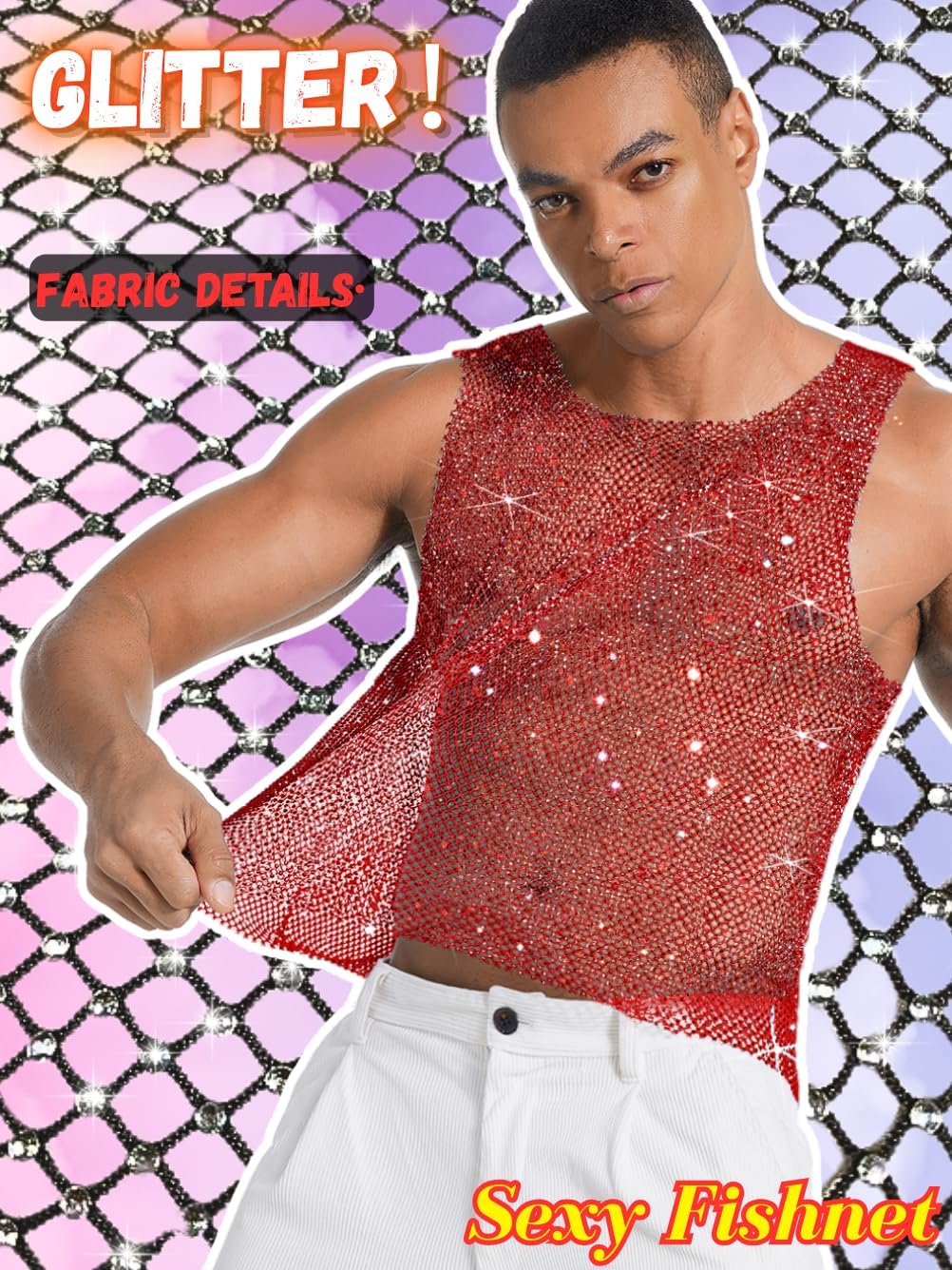 Rhinestones Rave Outfits, Sparkly Mesh Tank Tops, Men's Sexy Sheer Fishnet Shirt for Music Festival - Image 4