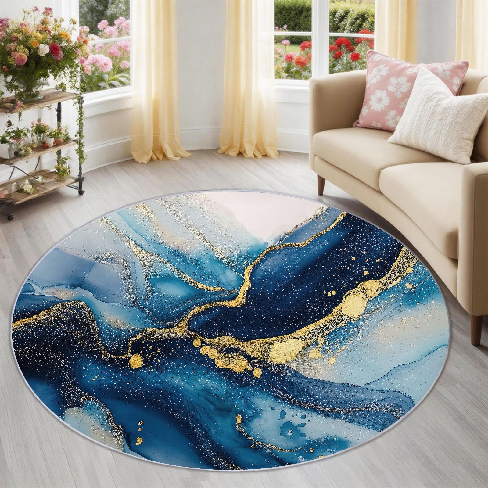 Alfombra redonda azul y dorado de 120 cm lavable para dormitorio elegante