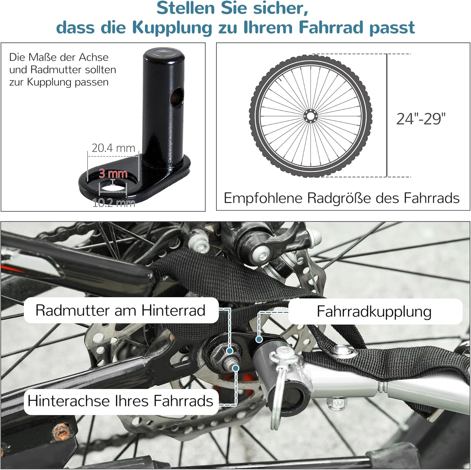Diagram illustrating how to attach the universal hitch to a bicycle's rear axle, with measurements for compatibility.