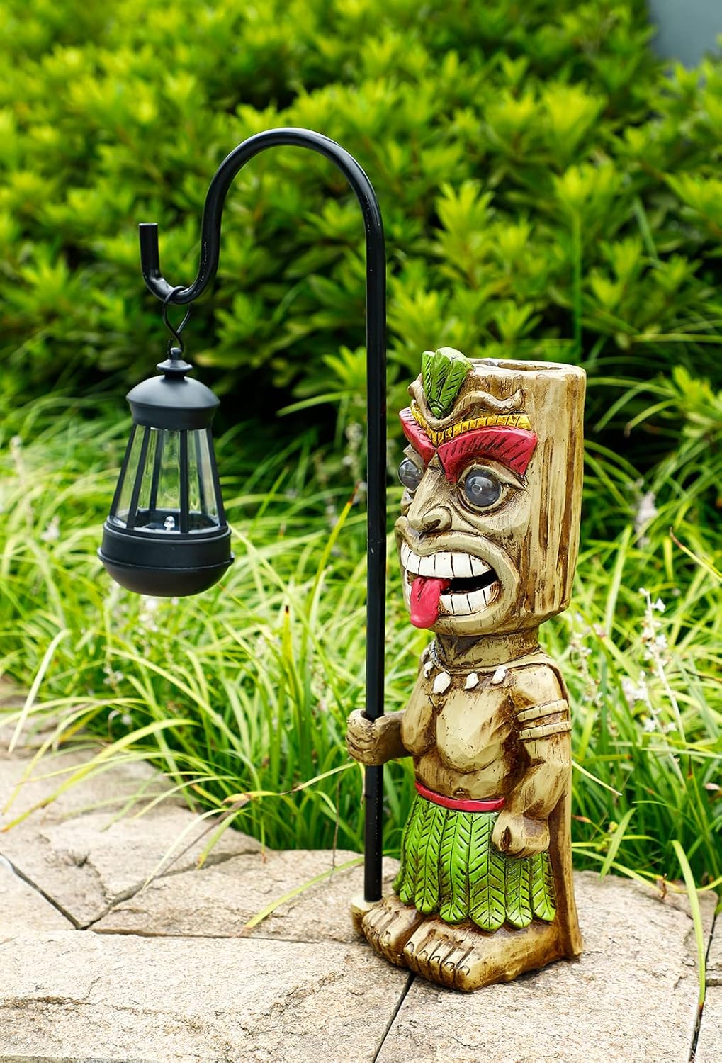 2pcs Tiki Statues Value Bundle | Large Tiki Figurine with Solar Lights, Hawaiian Tropical Tiki Man Warrior, Tiki Dude, Tiki Torch, Outdoor Patio Yard Lawn Bar Party Beach Decoration