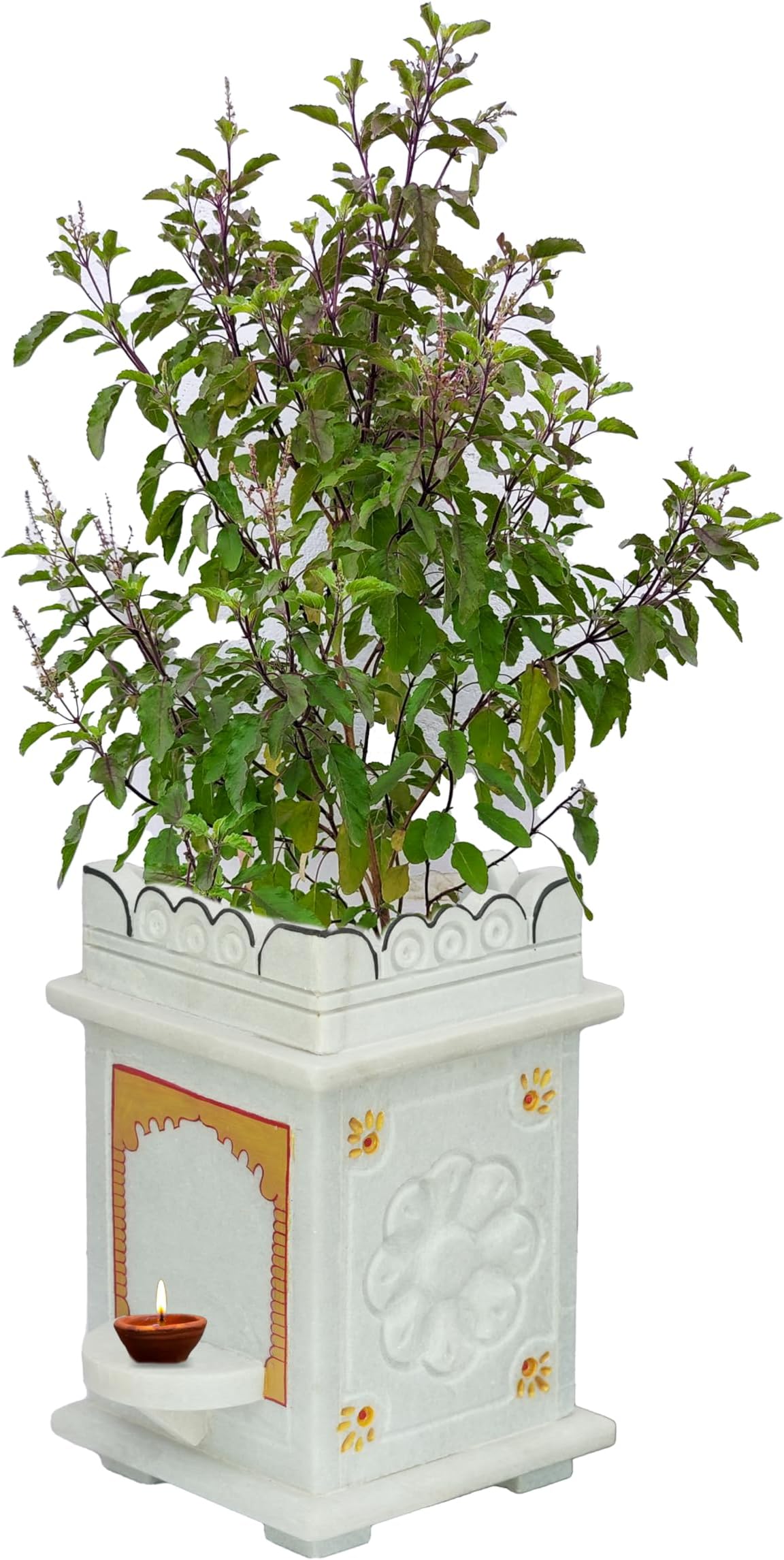 OBRAWAL Mini Tulsi Pot | Tulsi Planter Mini Sized | Gardening Tulsi Planter | White Marble | Handpainted | Mini Sized -7 x7 x 10 Inch, approx. [ L x W x H ]