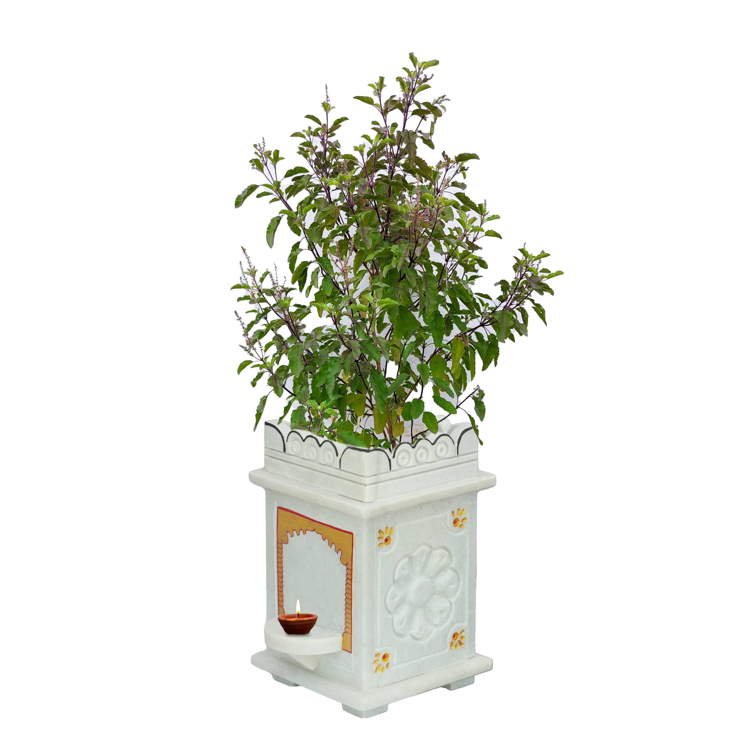 OBRAWAL Mini Tulsi Pot | Tulsi Planter Mini Sized | Gardening Tulsi Planter | White Marble | Handpainted | Mini Sized -7 x7 x 10 Inch, approx. [ L x W x H ]