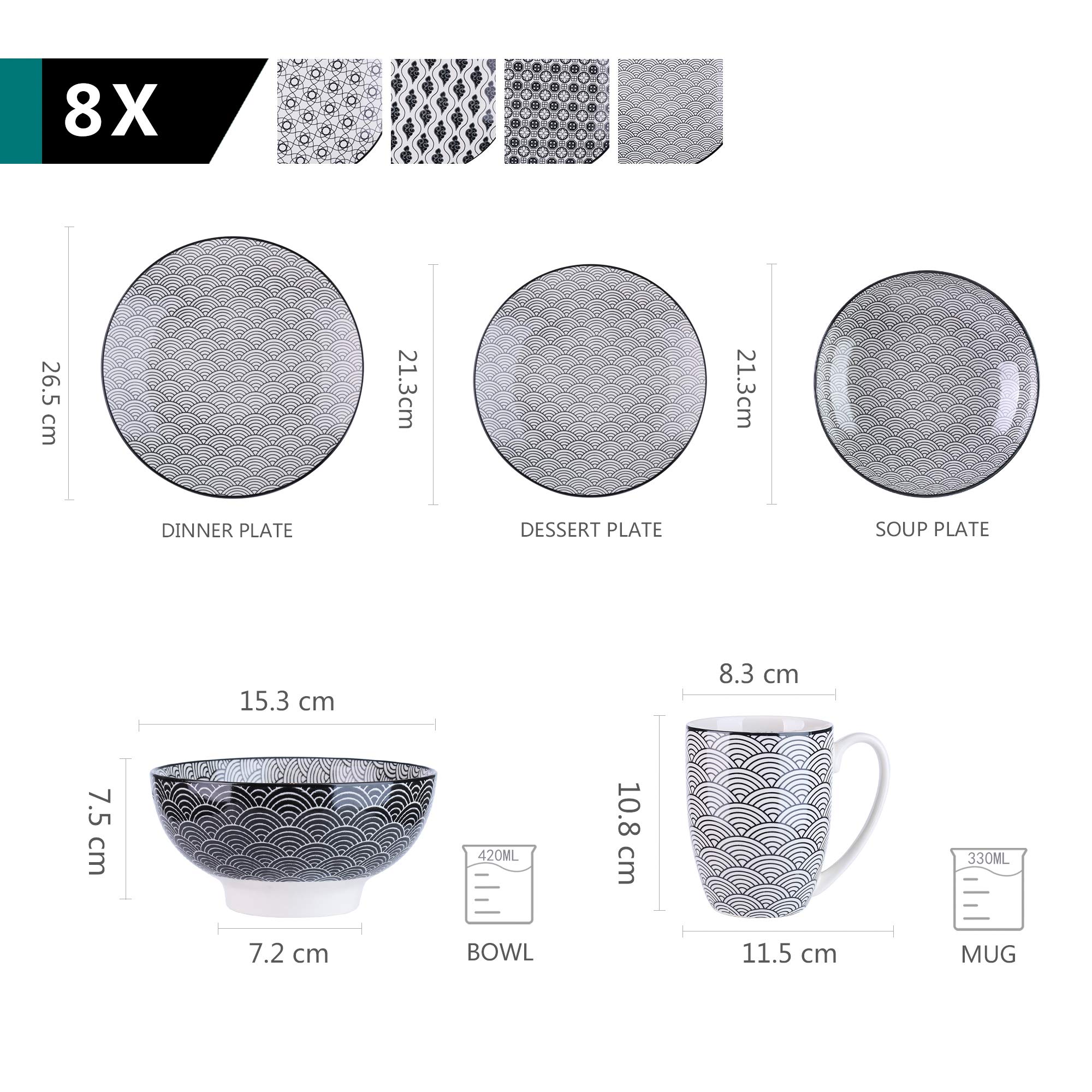 vancasso Haruka Servizi di Piatti 40 pezzi Stile Giapponese in Premium Porcellana con Piatti Piani Piatti Fondi Tazze da Tè Mug Scodella Ciotole per Cereali Piatti Frutta