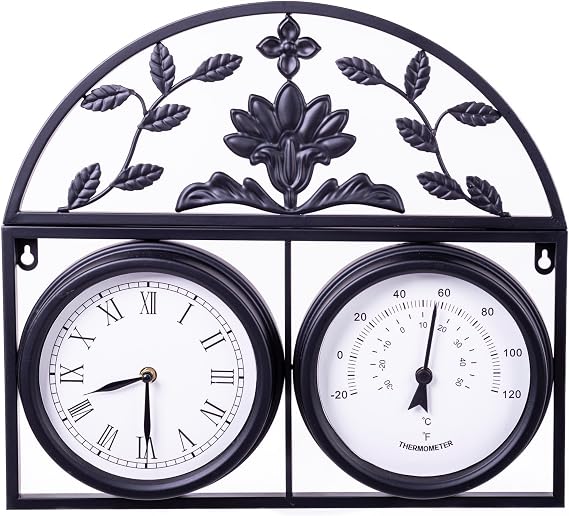 Highgrove Garden Wall Clock & Thermometer, Weatherproof Outdoor Clock, Powder Coated Steel, Classic Floral Design, Durable Weather Resistant, Black or Cream (Sleek Black)