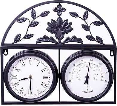 Highgrove Garden Wall Clock & Thermometer, Weatherproof Outdoor Clock, Powder Coated Steel, Classic Floral Design, Durable Weather Resistant, Black or Cream (Sleek Black)
