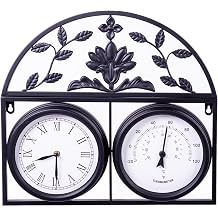 Highgrove Garden Wall Clock & Thermometer, Weatherproof Outdoor Clock, Powder Coated Steel, Classic Floral Design, Durable Weather Resistant, Black or Cream Sleek Black