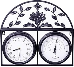 Highgrove Garden Wall Clock & Thermometer, Weatherproof Outdoor Clock, Powder Coated Steel, Classic Floral Design, Durable Weather Resistant, Black or Cream (Sleek Black)