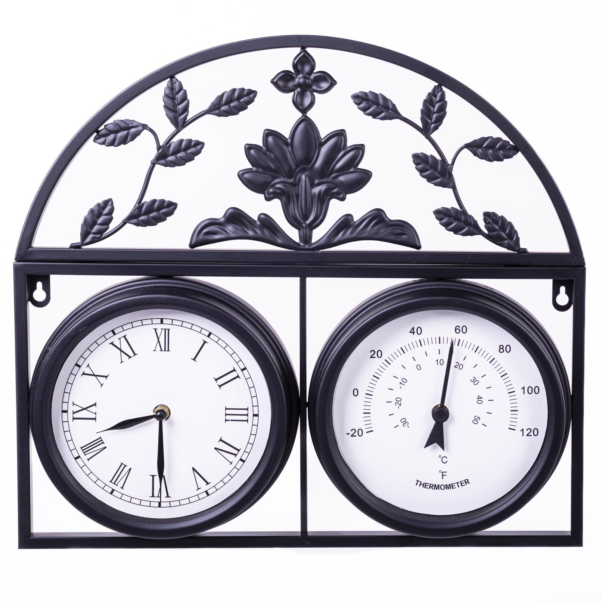 Highgrove Garden Wall Clock & Thermometer, Weatherproof Outdoor Clock, Powder Coated Steel, Classic Floral Design, Durable Weather Resistant, Black or Cream (Sleek Black)