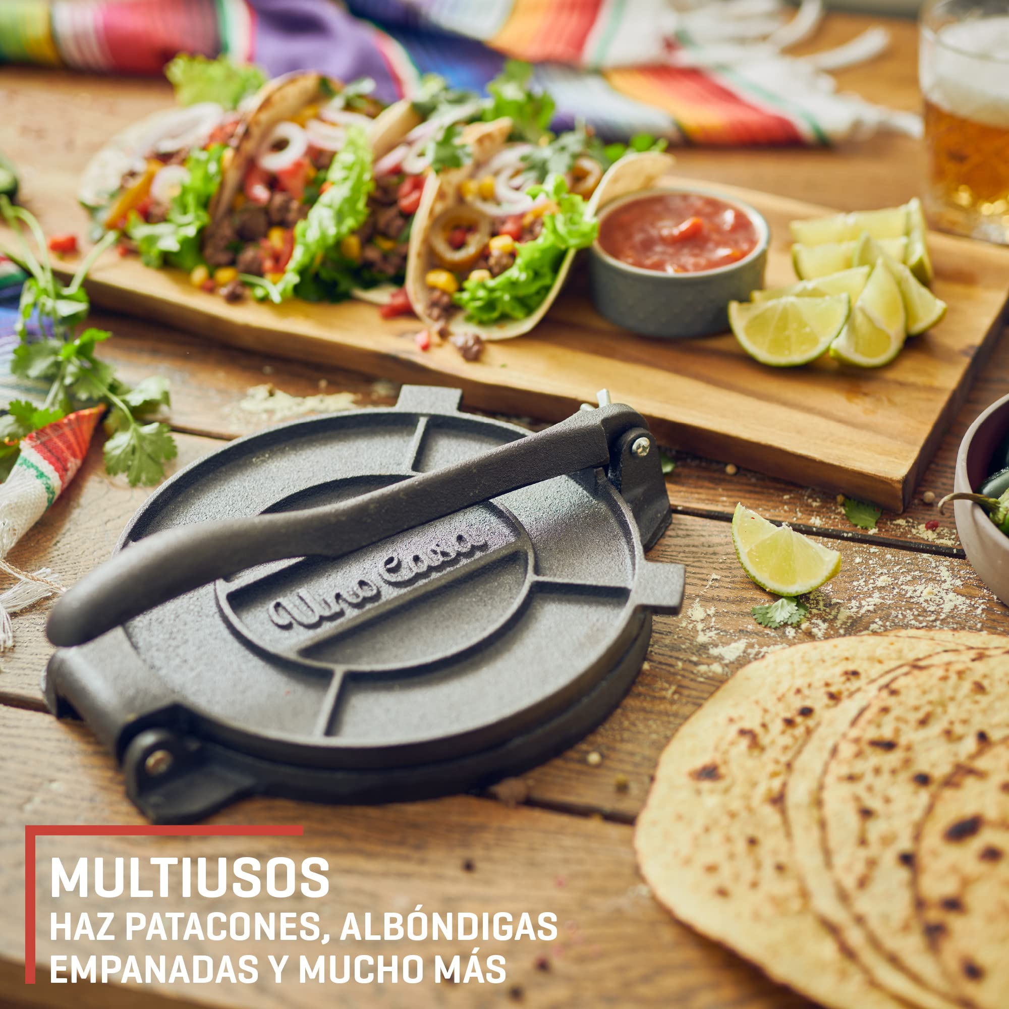 Uno Casa Prensa de tortilla de hierro fundido, 8 pulgadas, máquina de tortillas presazonadas para tortillas de maíz con 100 piezas de papel pergamino – Máquina Roti Maker Chapati, prensa de tacos,