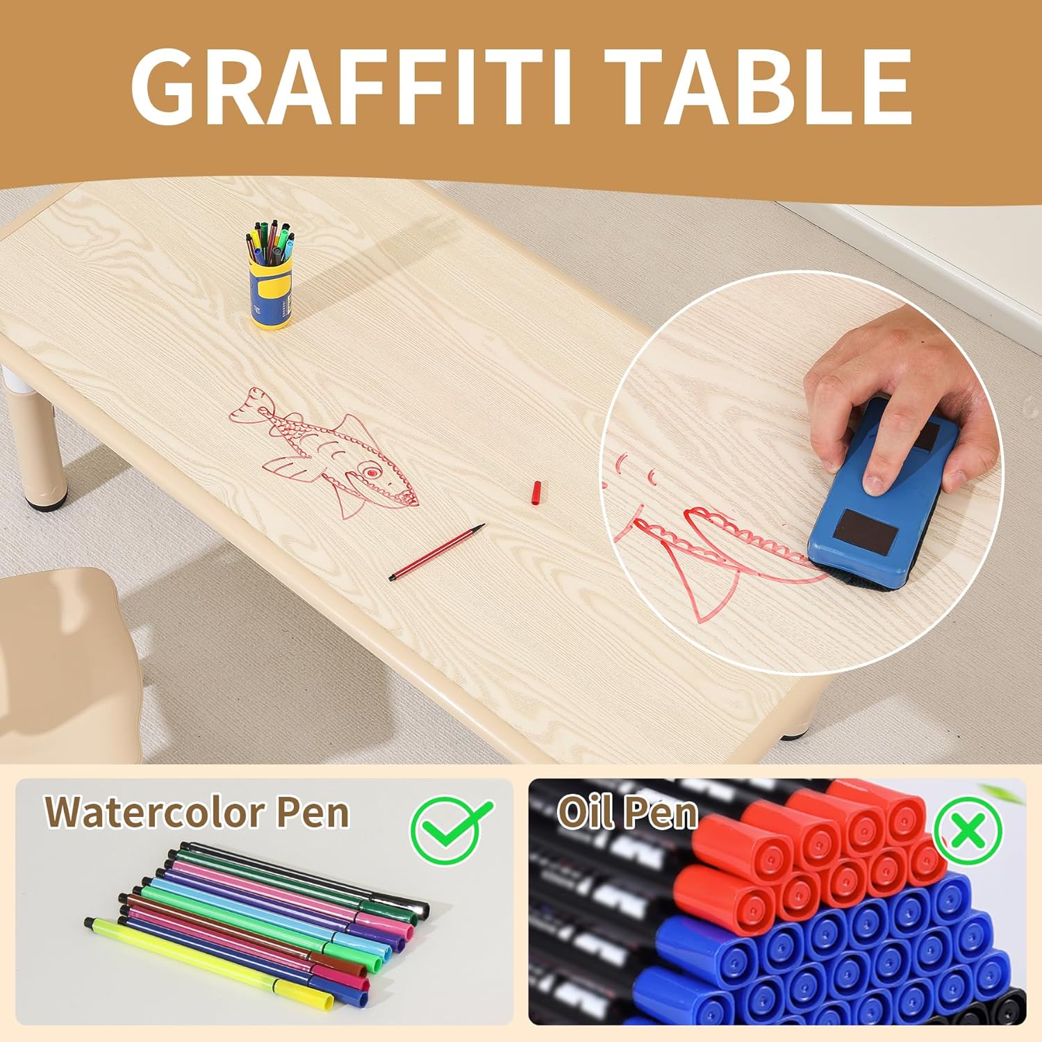 Kids Table and 4 Chairs Set, Height Adjustable Toddler Table and Chairs Set, Graffiti Desktop Children Activity Table for Ages 3-8, Daycare, Classroom, Home