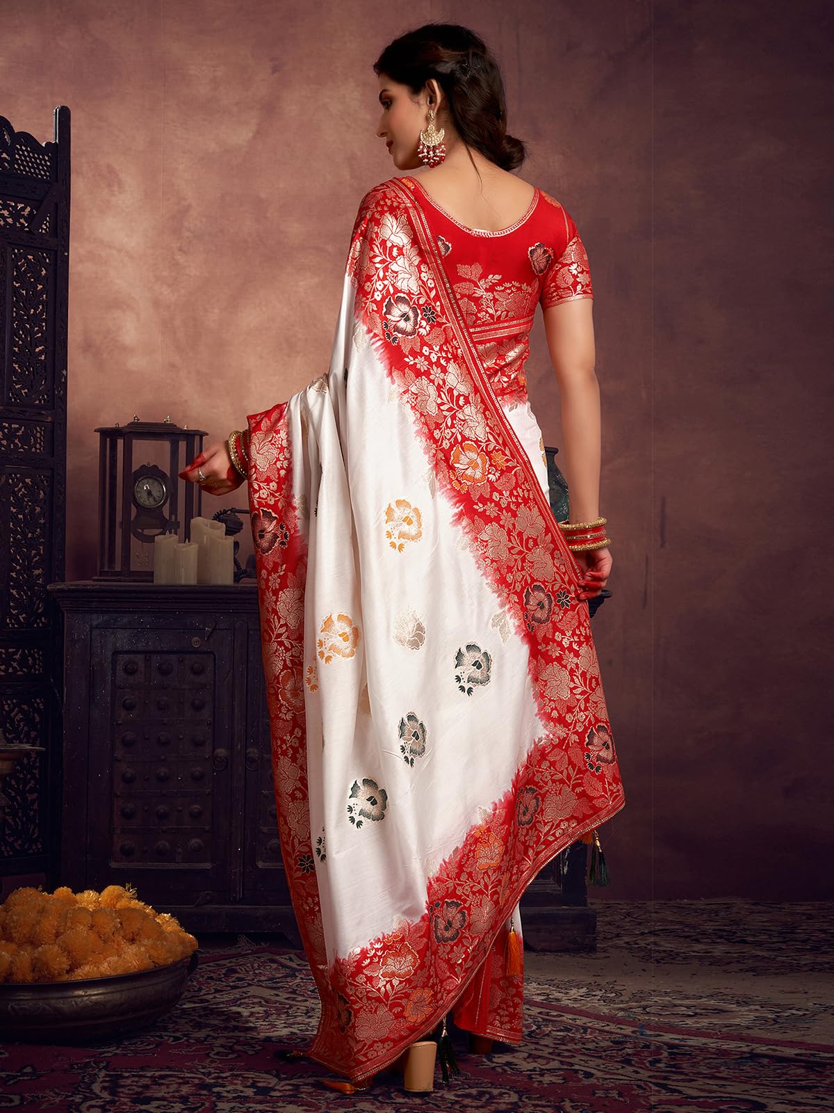 Satrani Women's Navratri Special Cotton Silk Banarasi Jacquard Durga Puja Special Bengali Saree With Unstitched Blouse Piece (3879S102N_White & Red2)