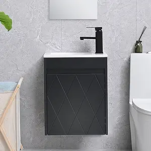 16" Bathroom Vanity Sink Combo for Small Space, Wall Mounted Bathroom Cabinet Set with White Resin Basin Sink Top Black Faucet Pop Up Drain Black