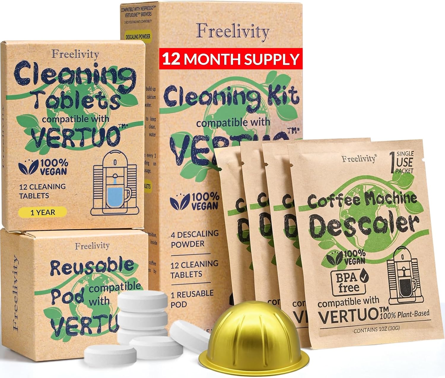 Nespresso Compatible Vertuo Cleaning & Descaling Kit – 12 Month Supply - Includes 4 Descaling Powder Solution, 12 Cleaning Tablets, 1 Reusable Pod, Eco-Friendly Vertuoline Maintenance Kit