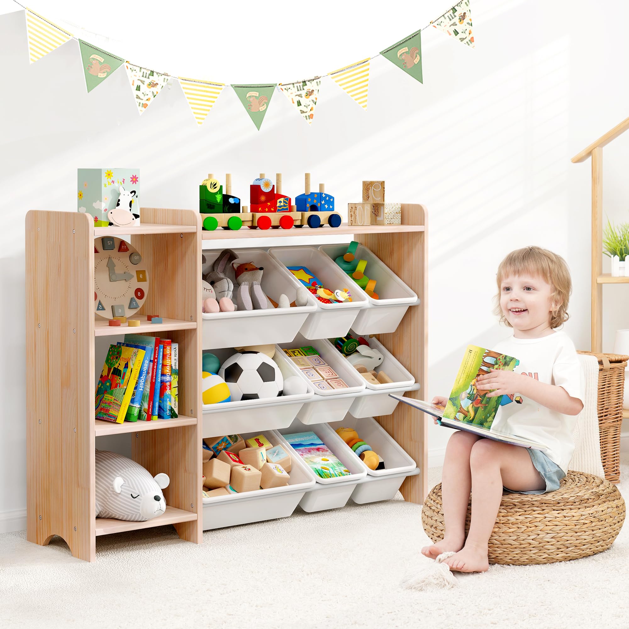 MallBest 4-poziomowy organizer do przechowywania zabawek dla dzieci, 100% lite drewno, szafka do przechowywania dla dzieci z 9 plastikowymi pojemnikami i 3 portami do przechowywania (lakier