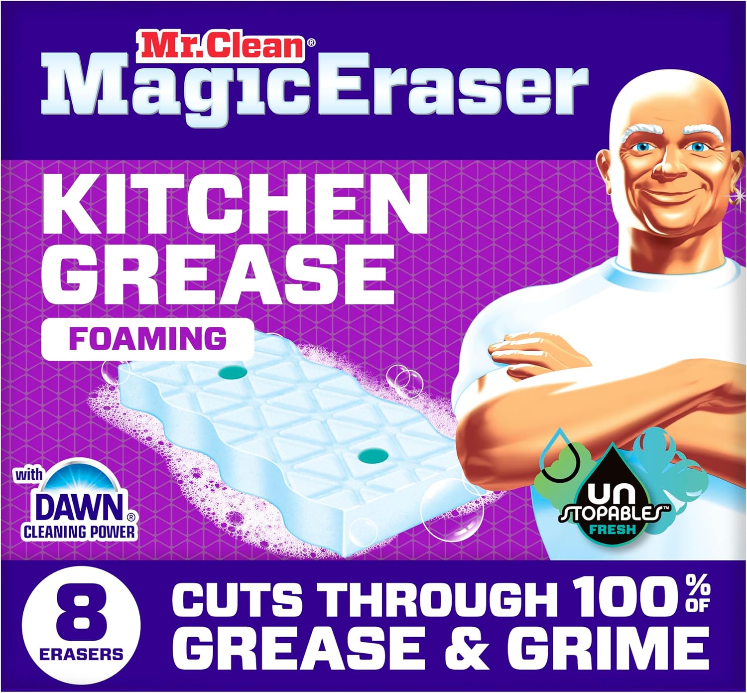 Mr. Clean Magic Eraser Foaming Sponge, Kitchen Grease Eraser, Dawn Cleaning Power, Oven Cleaner, Unstopables Fresh, 8ct