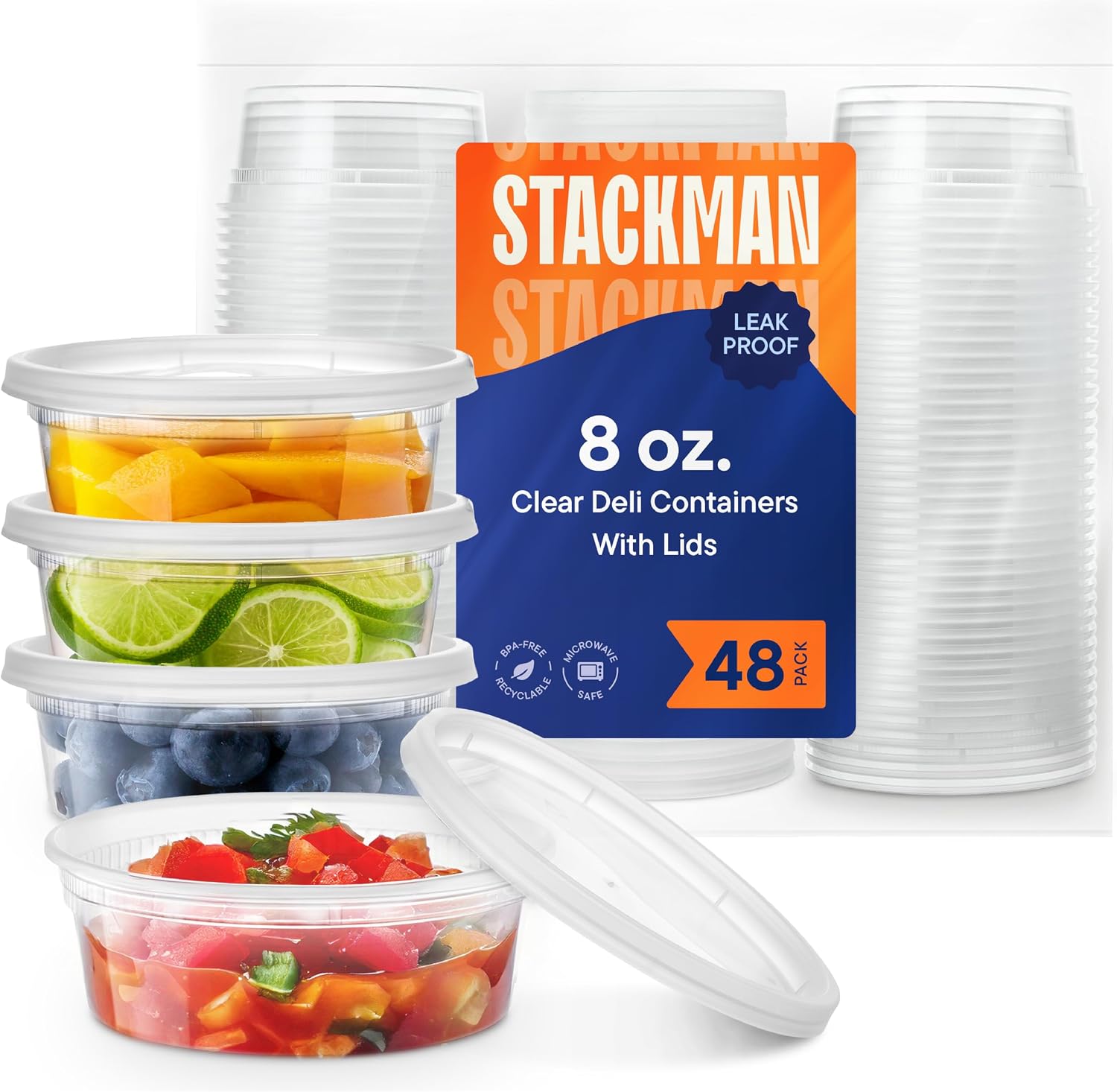 Stack Man Deli Containers with Lids [48 Sets - 16 oz.] Pint Plastic Soup Container - Disposable Deli Food Storage Containers with Airtight Lids for Freezer & Restaurant Takeout