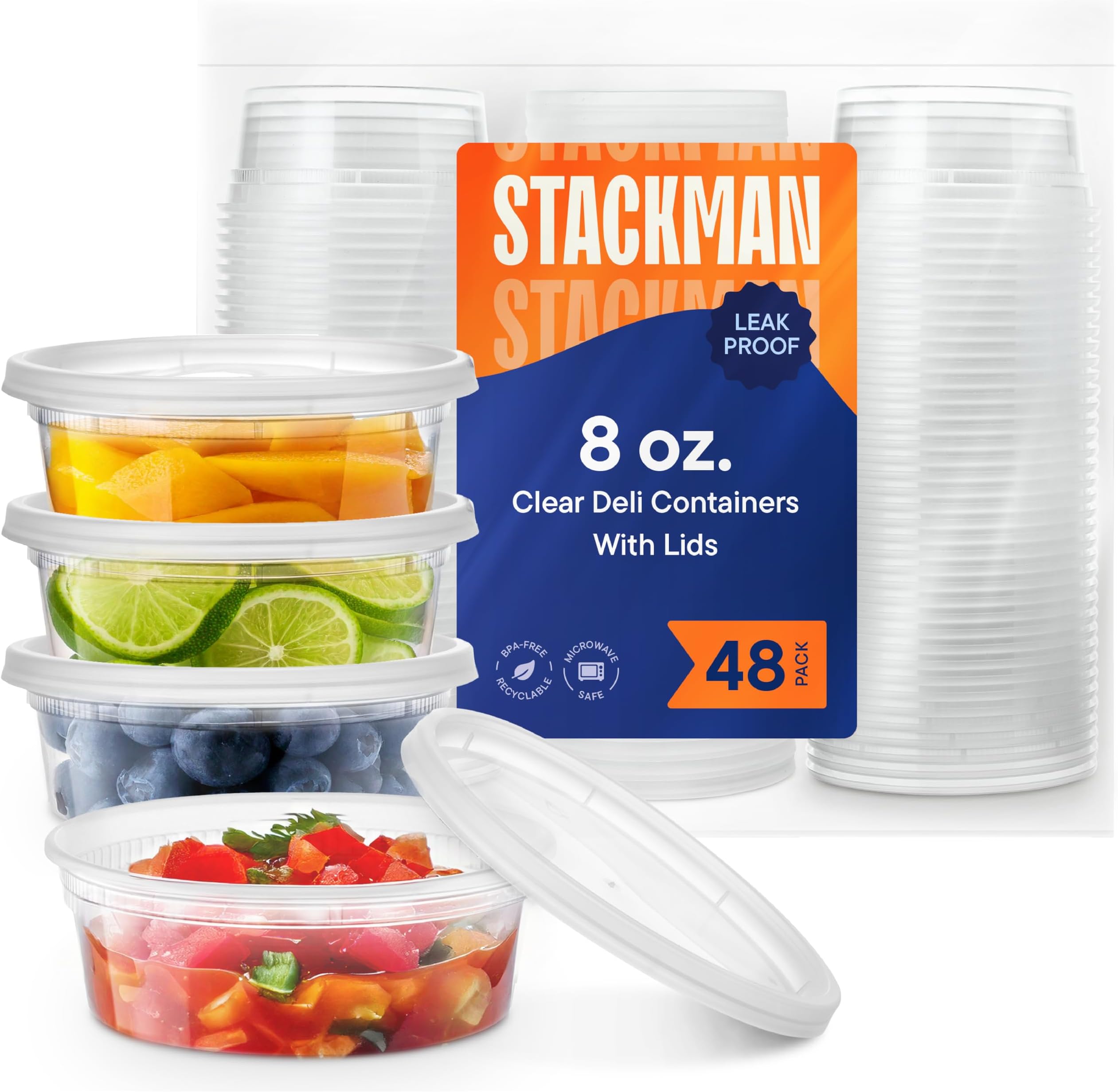 Deli Containers with Lids [48 Sets - 8 oz.] Small Plastic Soup Container - Disposable Deli Food / Slime Storage Containers with Airtight Lids for Freezer & Restaurant Takeout