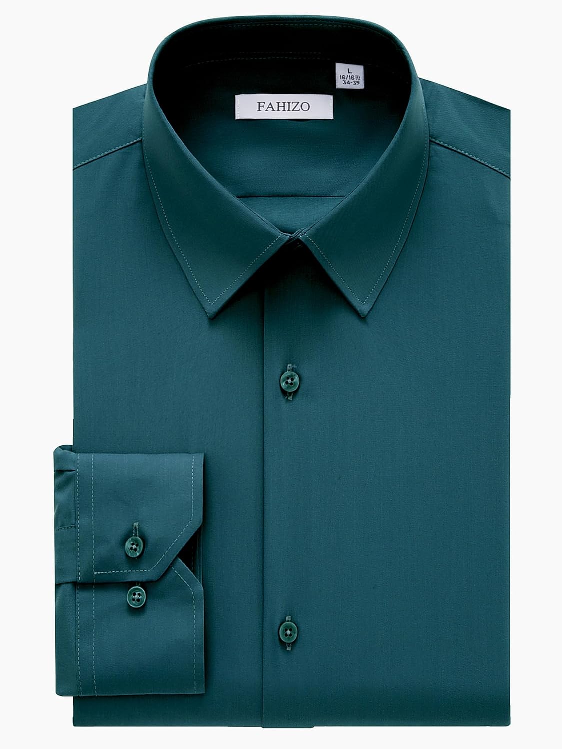 FAHIZO Men's Dress Shirt Regular Fit Soild Business Formal Long Sleeve Button Up Stretch Shirts, Teal, 15.5 Neck 34"-35" Sleeve,M