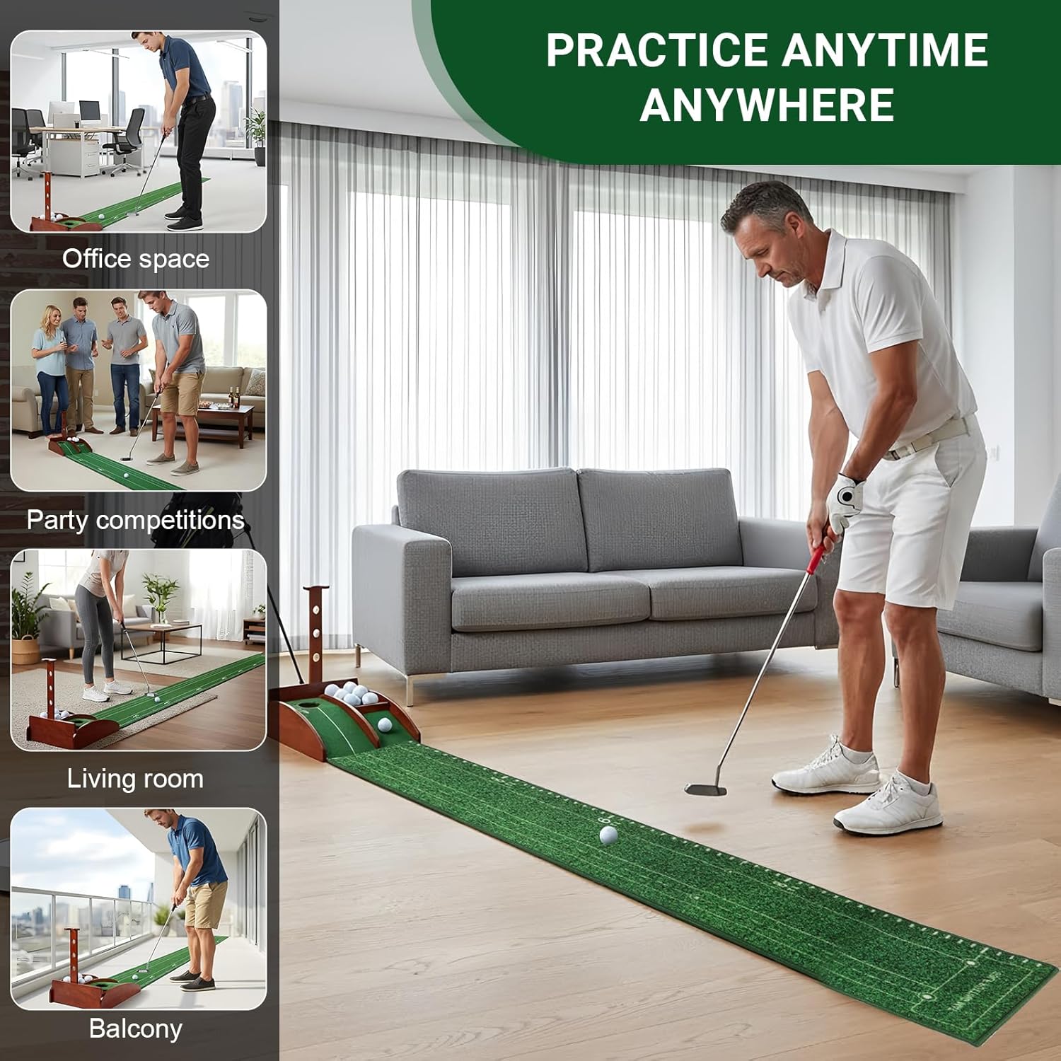 Portable Golf Putting Mat with Auto Ball Return - Practice Putting Green Training Mat for Indoor and Outdoor, Home, Backyard, Office - Golf Gifts for Party Game
