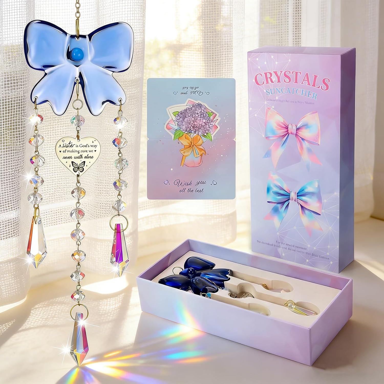 Crystal Sun Catchers Indoor Window,Bow Decor Sun Catcher for Sister Gifts with 3 Chains,Prism Rainbow Crystal Suncatcher for Hangings College Dorm Rooms Home Decoration Blue