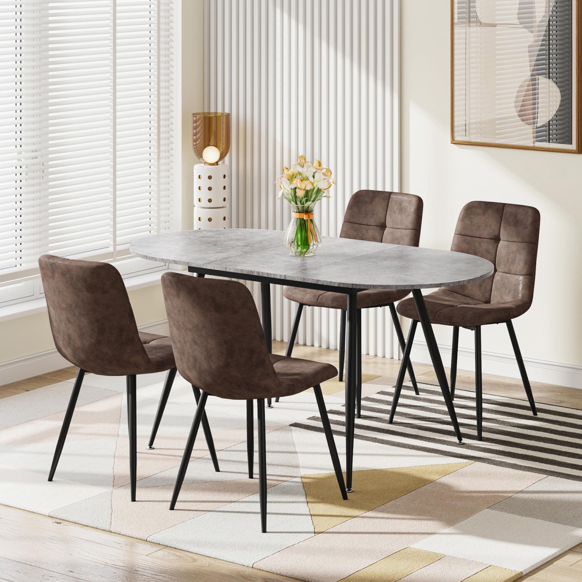 Luxstein Extendable Dining Table and Chairs Set 4, 120-160cm Oval Concrete Effect Table with 4 Brown Upholstered Tech Fabric Chairs for Dining Room, Kitchen