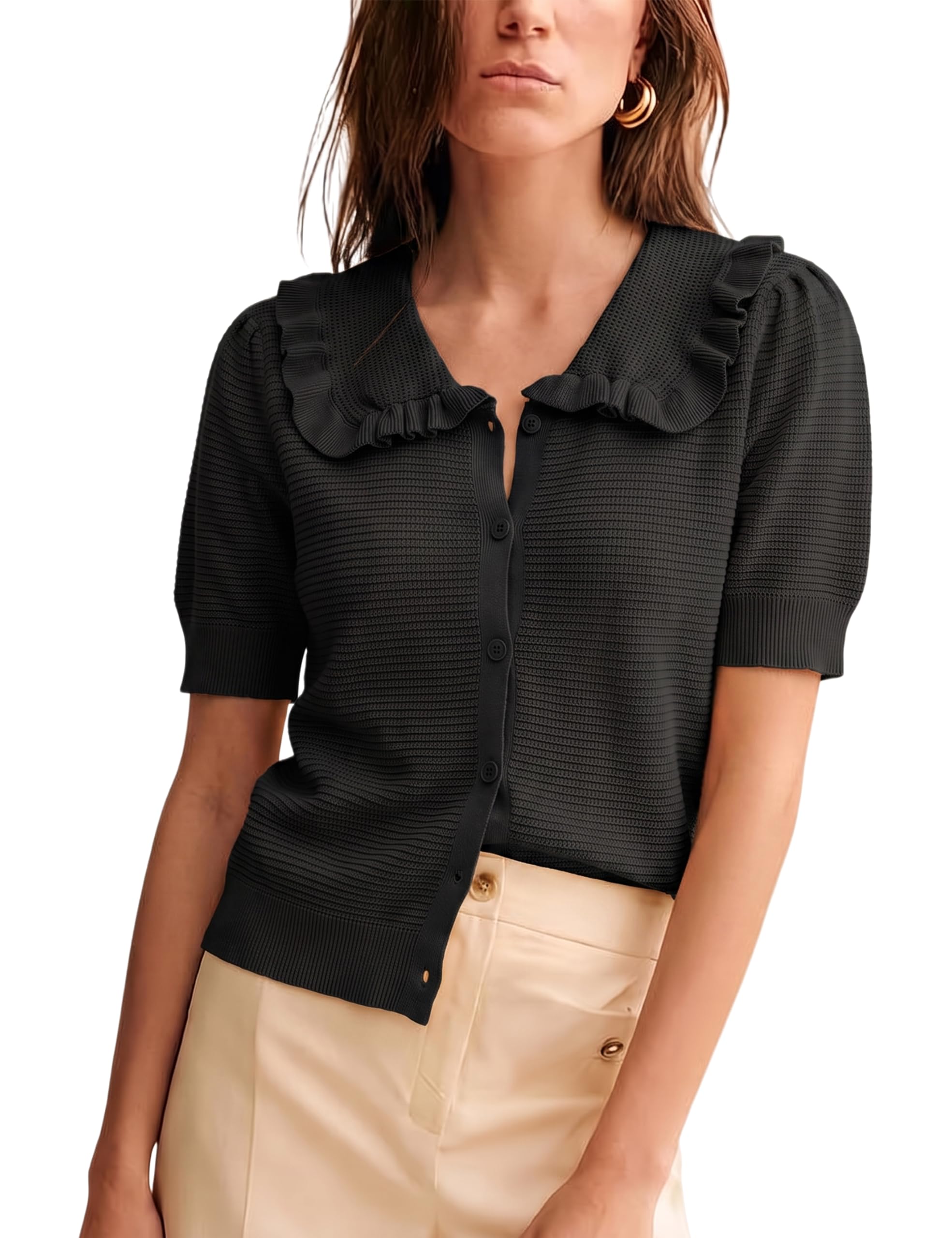 Watashi Womens Ruffle Collar Puff Short Sleeve Knit Sweater