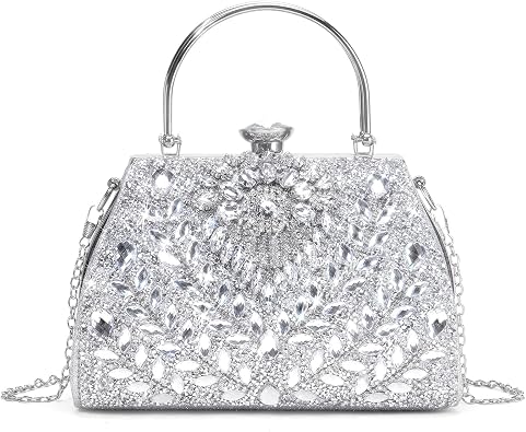 RNIEGA Rhinestone Clutch Purses for Women Large Capacity Evening Bag with Detachable Chain for Wedding, Prom, Parties