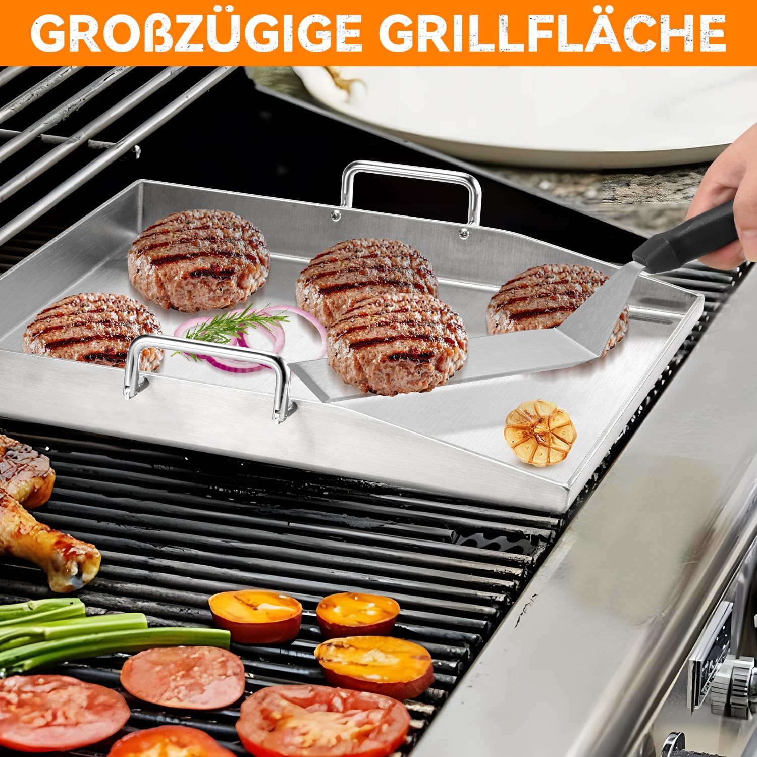 Premium Plancha Grillplatte Set - 40 x 30 cm - Grillplatte für BBQ Gasgrill & Kohlegrill - 4mm Dicke Plancha Gasgrill - Edelstahl mit Grillspachtel Set