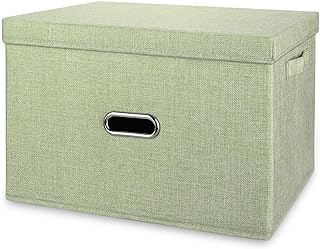 Large Linen Collapsible Storage Bins with Removable Lids and Handles, Washable Storage Box Containers Baskets Cube with Cover for Bedroom,Closet,Office,Living Room,Nursery (Green, Large)