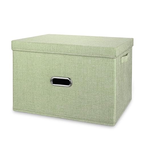Valease Large Linen Collapsible Storage Bins with Removable Lids and Handles, Washable Storage Box Containers Baskets Cube with Cover for Bedroom,Closet,Office,Living Room,Nursery (Green, Large)
