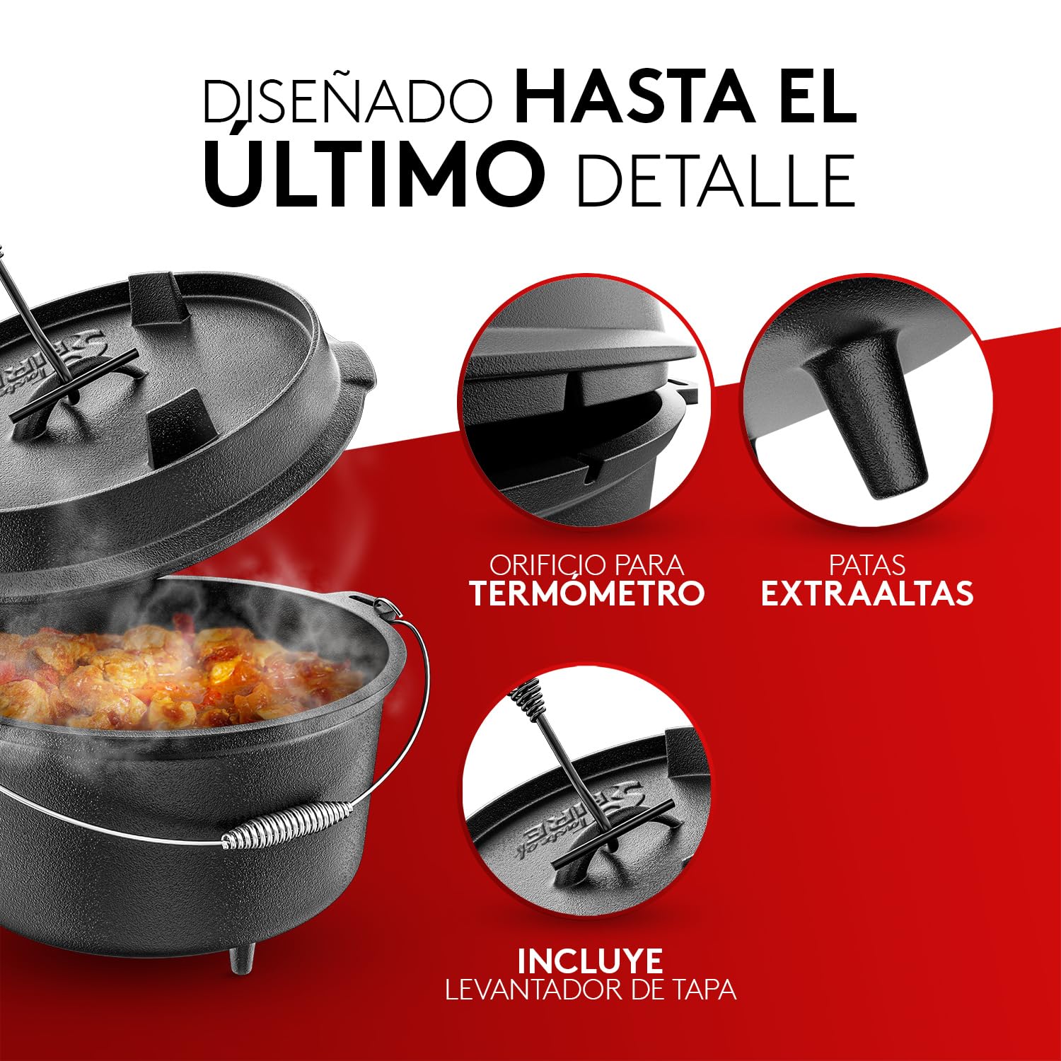 aste of Fire [El Original] - Horno Holandés de Hierro Fundido 7,4L con Patas y Tapa de 1,8L con Doble Función como Sartén Parrilla – Incl. Levantador de Tapa