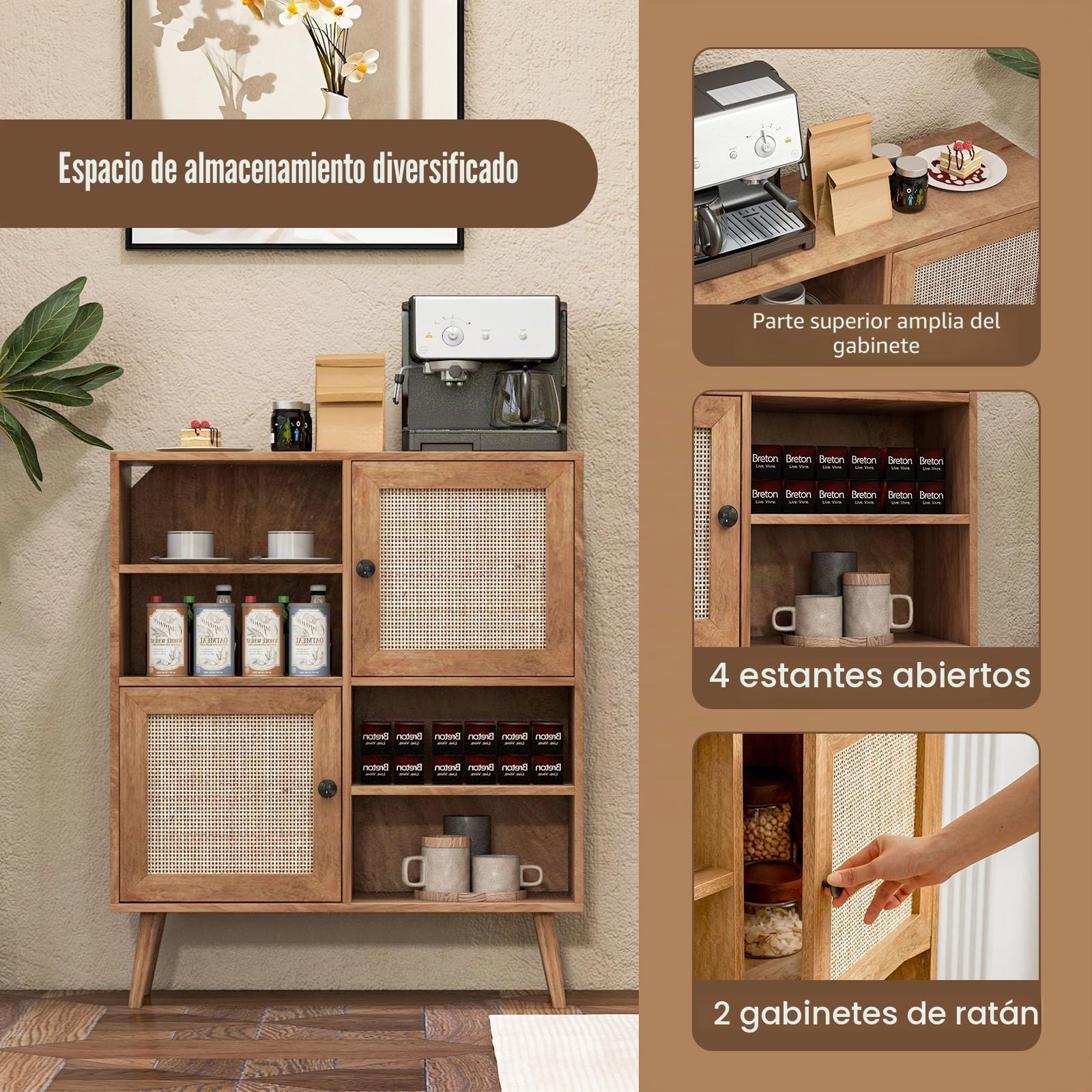 KOMFOTTEU Aparador de Cocina con Puertas de Ratán y 4 Estantes Abiertos | Armario Auxiliar de Madera, Mueble Buffet con Almacenamiento para Comedor y Salón, 80 x 29,5 x 97 cm