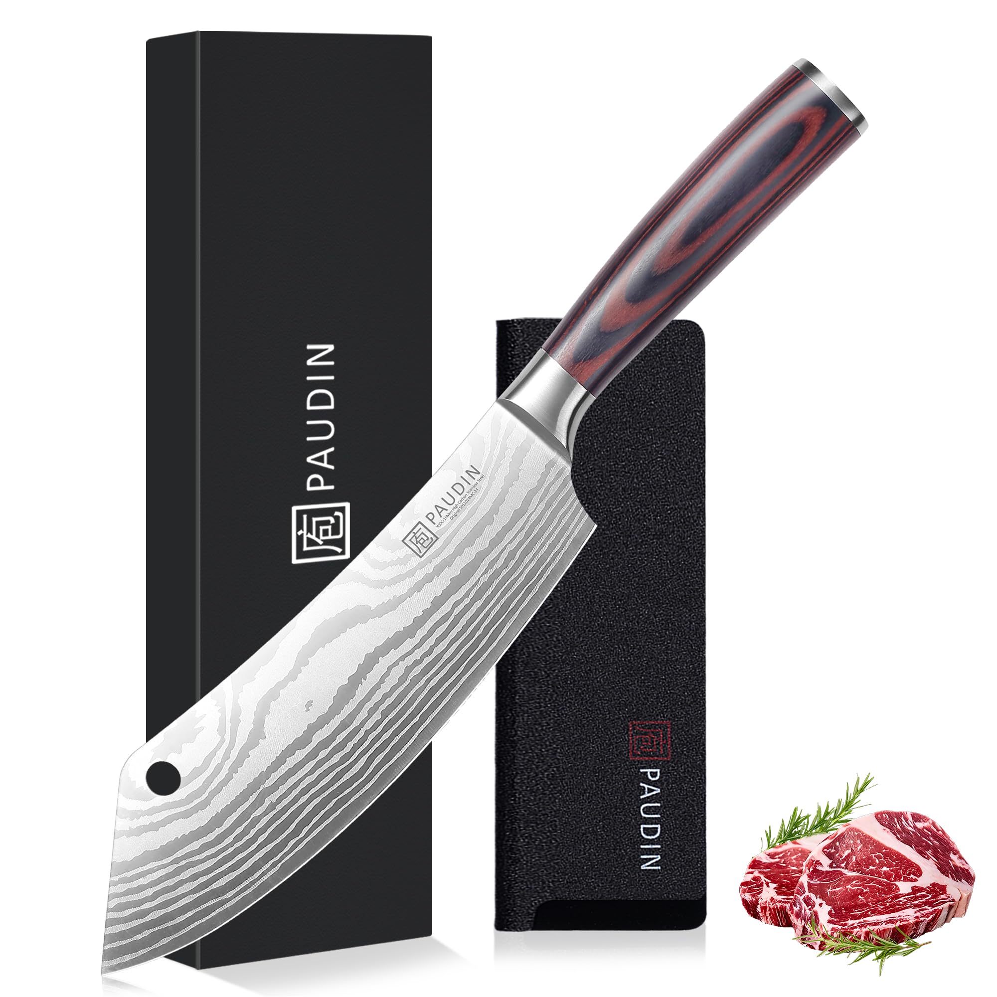 PAUDIN Hackmesser Japanisch Messer 20cm Küchenmesser als Ausbeinmesser Küchenbeil Kochmesser aus hochwertigem Edelstahl extra scharfe Messerklinge mit ergonomischem Holzgriff