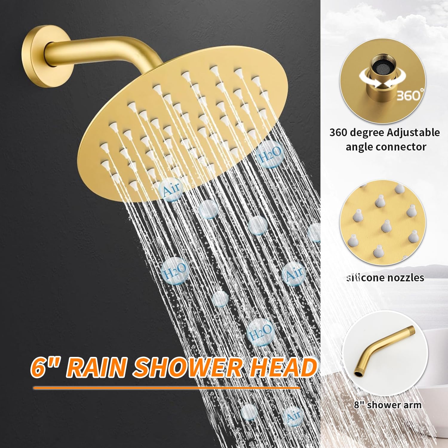 Brushed Gold Tub Shower Faucet Set Complete with 6-Inch Rainfall Shower Head and Tub Spout Included Shower Valve Tub Shower Trim Kit Round